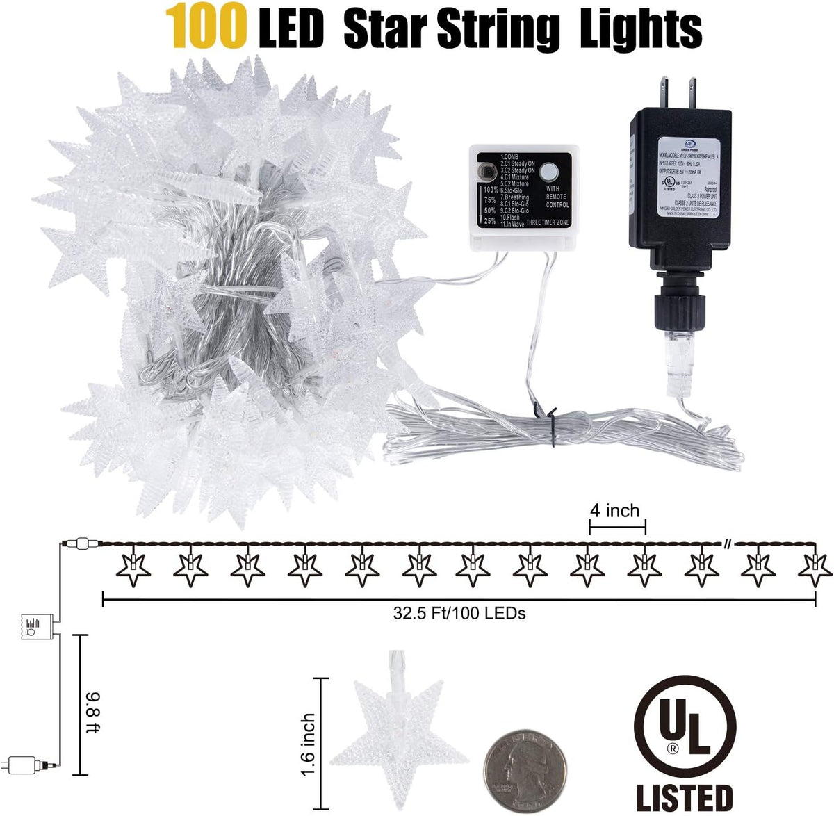 Star String Lights Plug in - 33 ft 100 LED Star Fairy String Lights with Remote and Timer, Waterproof for Bedroom Porch Wedding Party Patio Garden Tent Indoor Outdoor Décor, Warm White