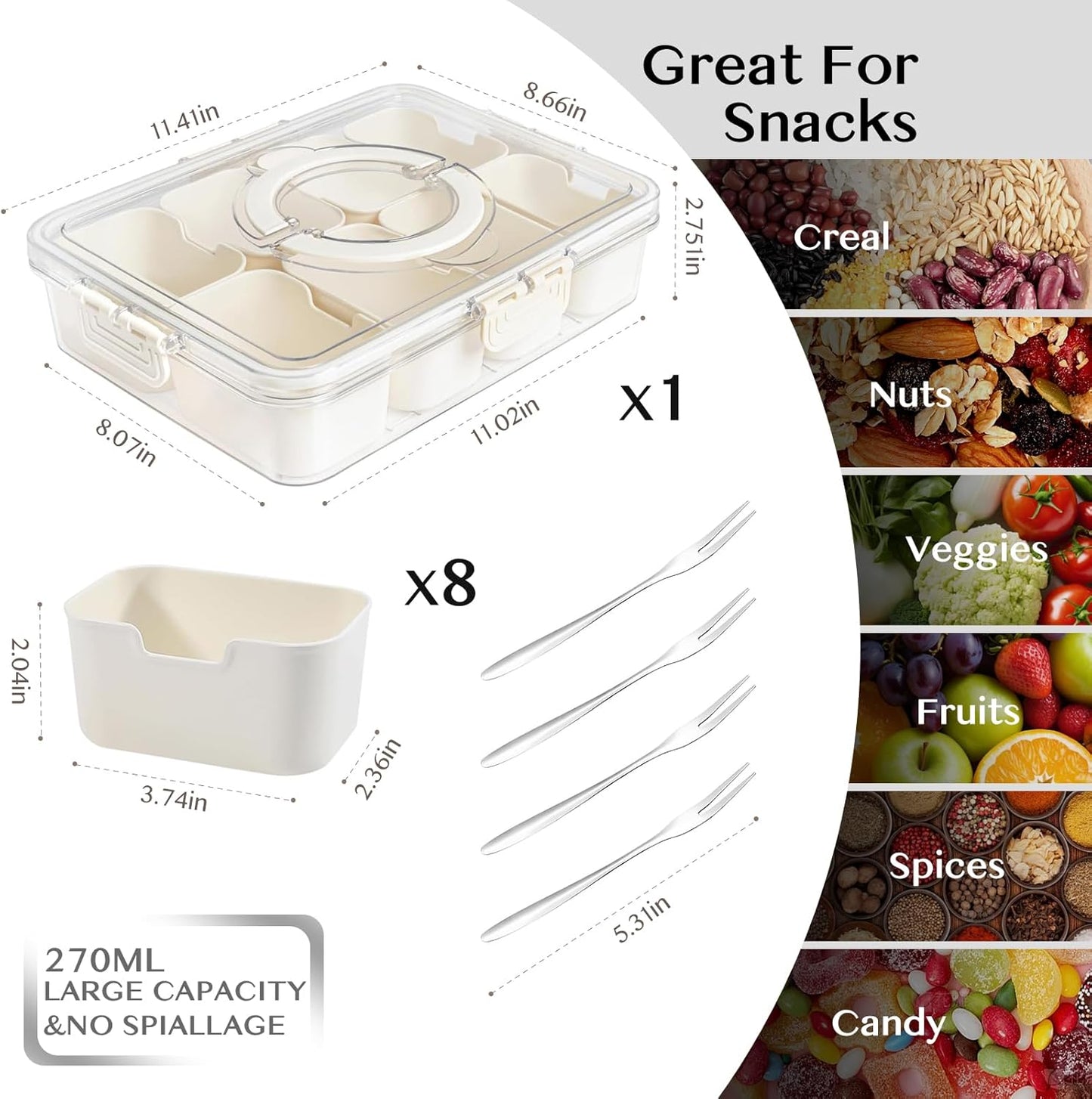 Snackle Box Container,Portable Snack Box 8 Compartment Divided Serving Tray with Lid and Handle,Clear Storage Organizer for Fruit Candy Nuts Veggie-Perfect for Road Travel Party(1 Pack)