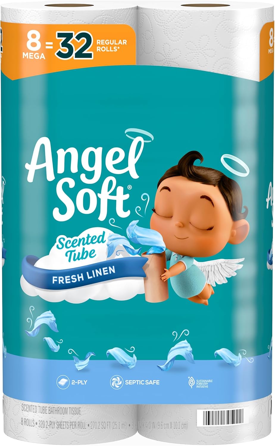 Angel Soft Toilet Paper with Fresh Linen Scented Tube, 8 Mega Rolls = 32 Regular Rolls, Soft and Strong Toilet Tissue