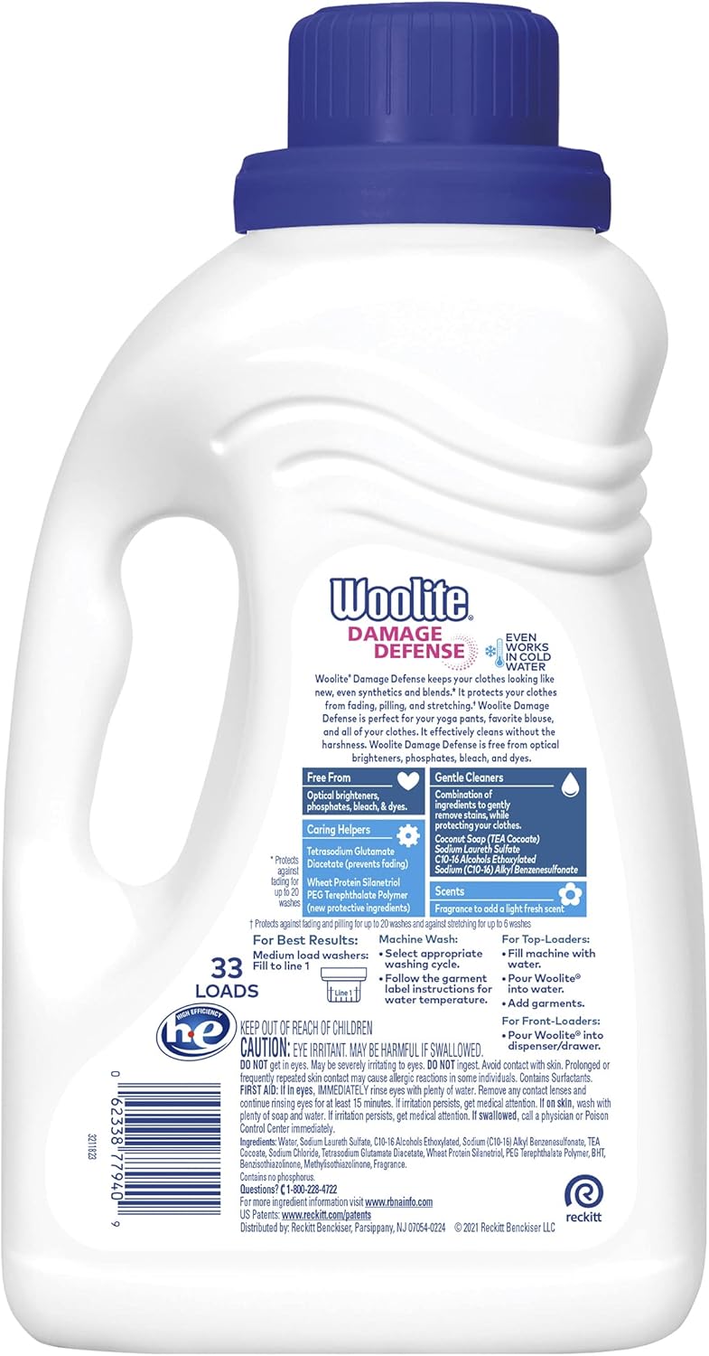 Woolite Damage Defense Liquid Laundry Detergent, Light Fresh Scent, 33 Loads, 50 Fl Oz