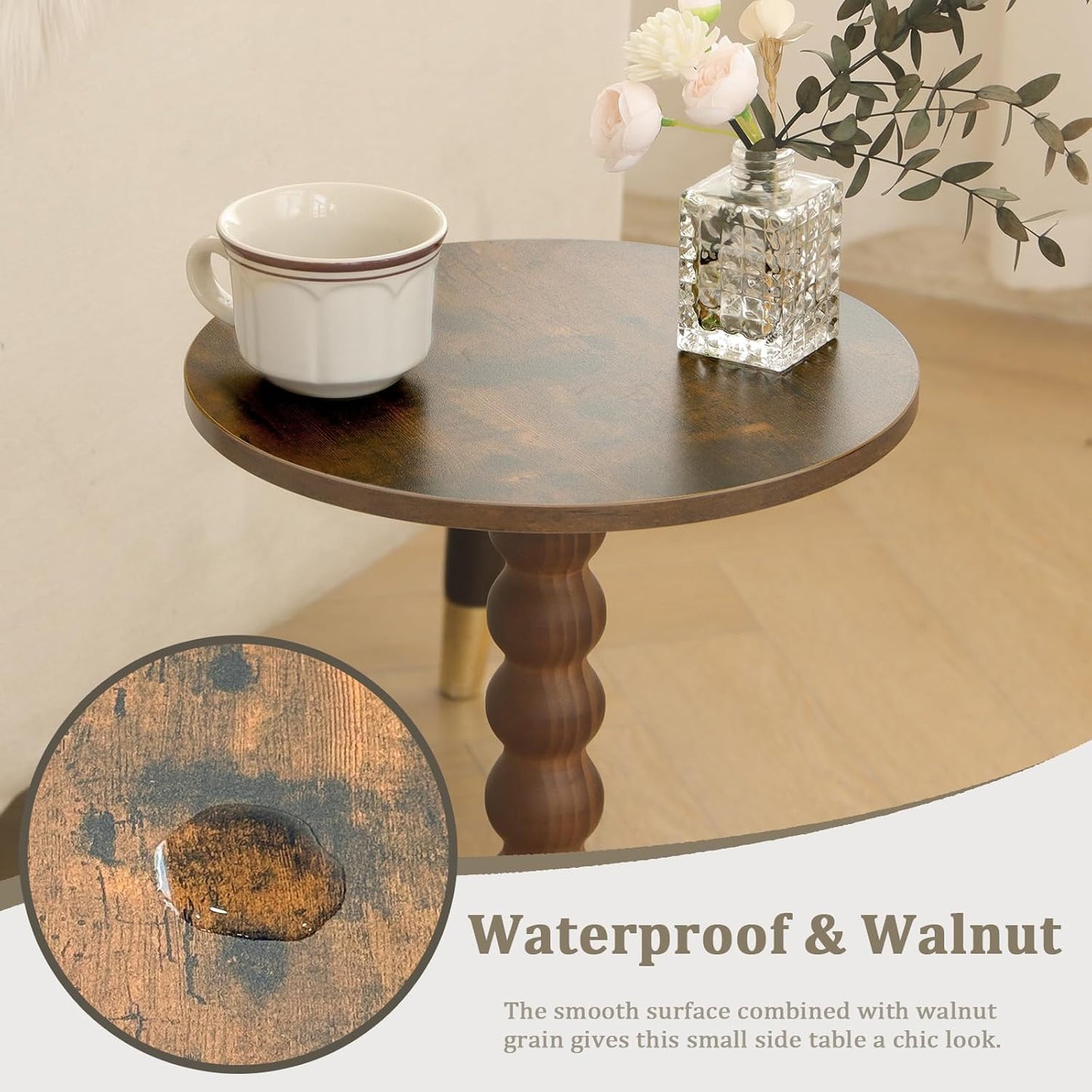 Round Side Table, Small Drink Table for Small Spaces, Modern Accent Nightstand with Solid Wood Leg for Living Room, Bedroom, Corners, and Office (Rustic Brown)