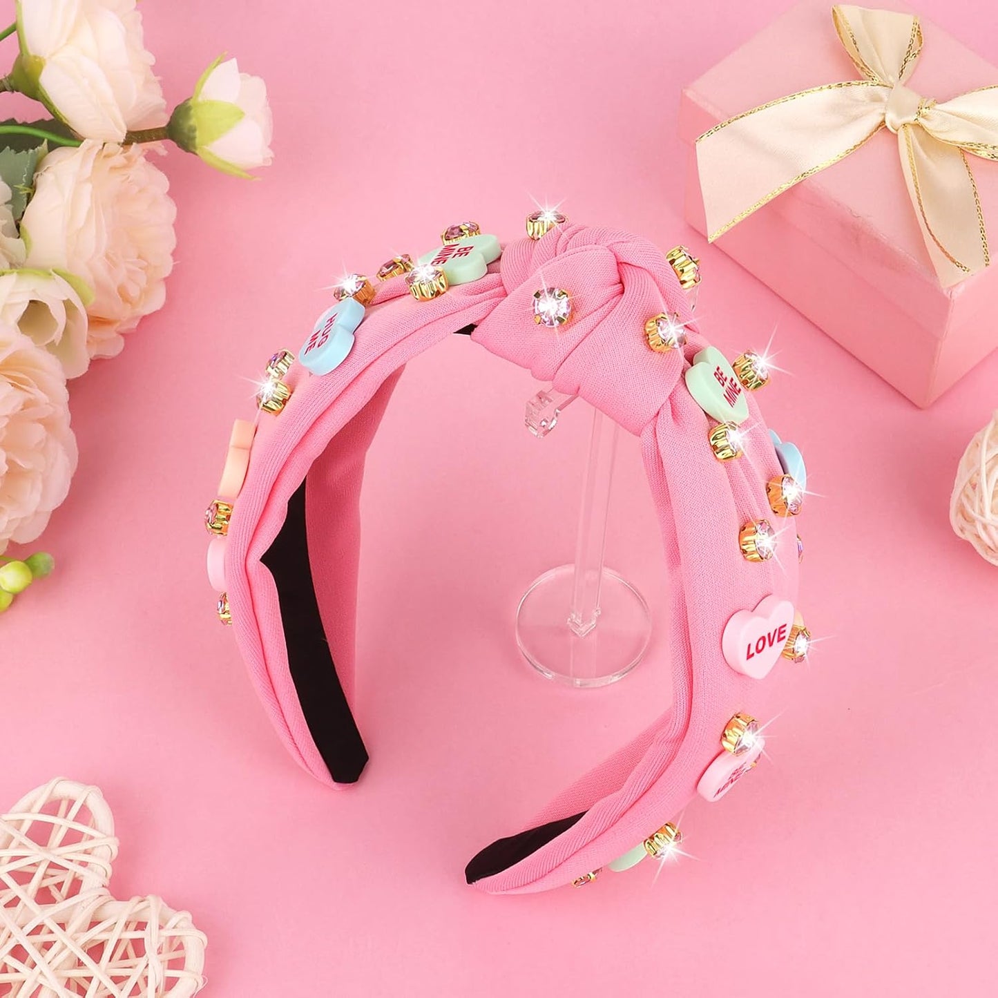 YARIEW Valentines Day Headbands for Women Love Sweet Heart Headband Pink Rhinestone Knotted Headband for Women Valentine Day Decorations Fashion Headband Hair Accessories
