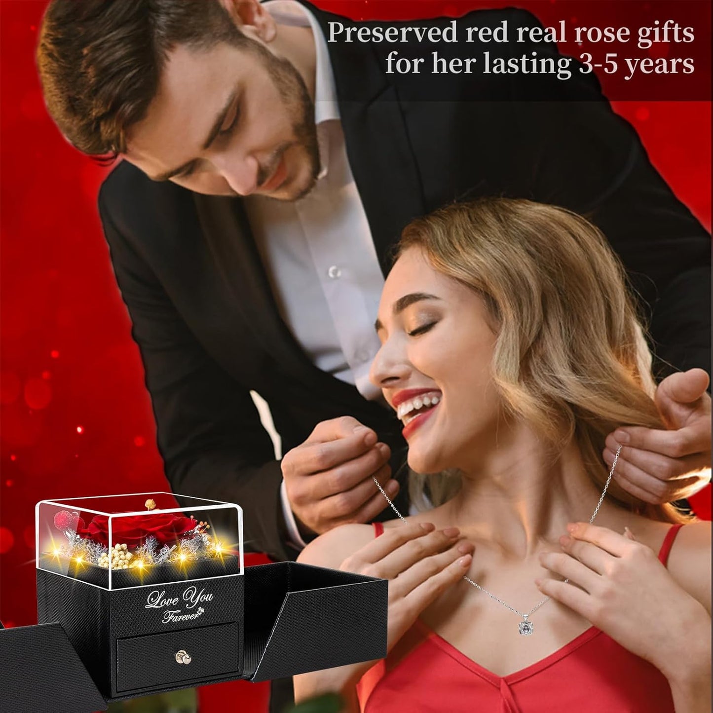 Preserved Red Real Rose with Heart I Love You Necklace -Eternal Flowers Rose Valentines Day Gifts for Her Wife Girlfriend Women Mom Grandma on Valentines Mothers Day Christmas Anniversary Romantic-Red