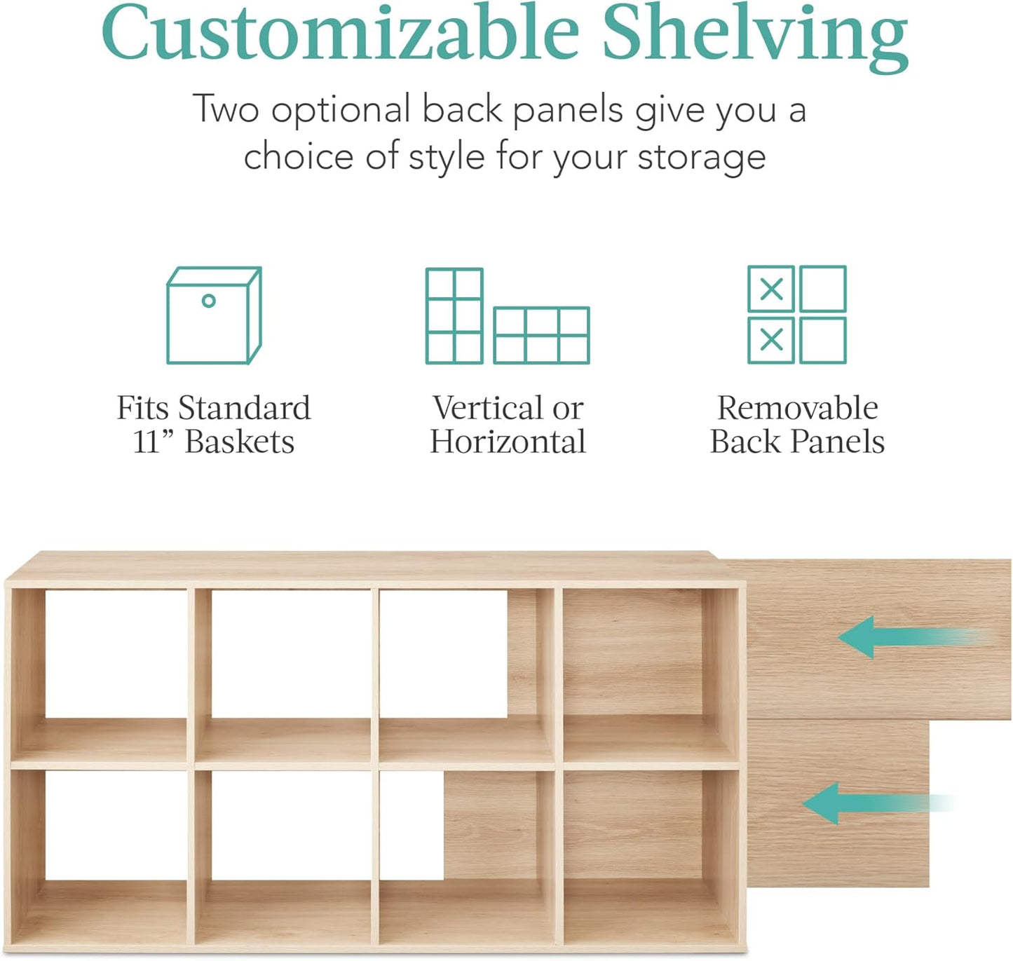 Best Choice Products 8-Cube Storage Organizer, 11in Shelf Opening, Bookcase, Display Shelf, Customizable w/ 3 Removable Back Panels – Light Oak