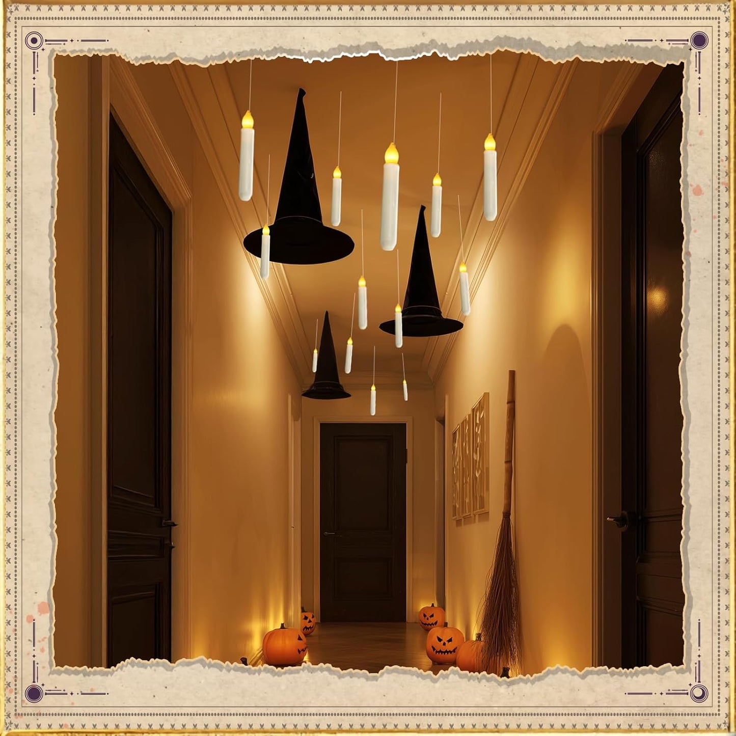 Homemory Floating Candle with Wand Remote, 12 Pcs Magical Candlesticks Witch Decors, Warm Yellow Flameless Taper Candles Battery Operated, LED Window Candle for Halloween Party Decor