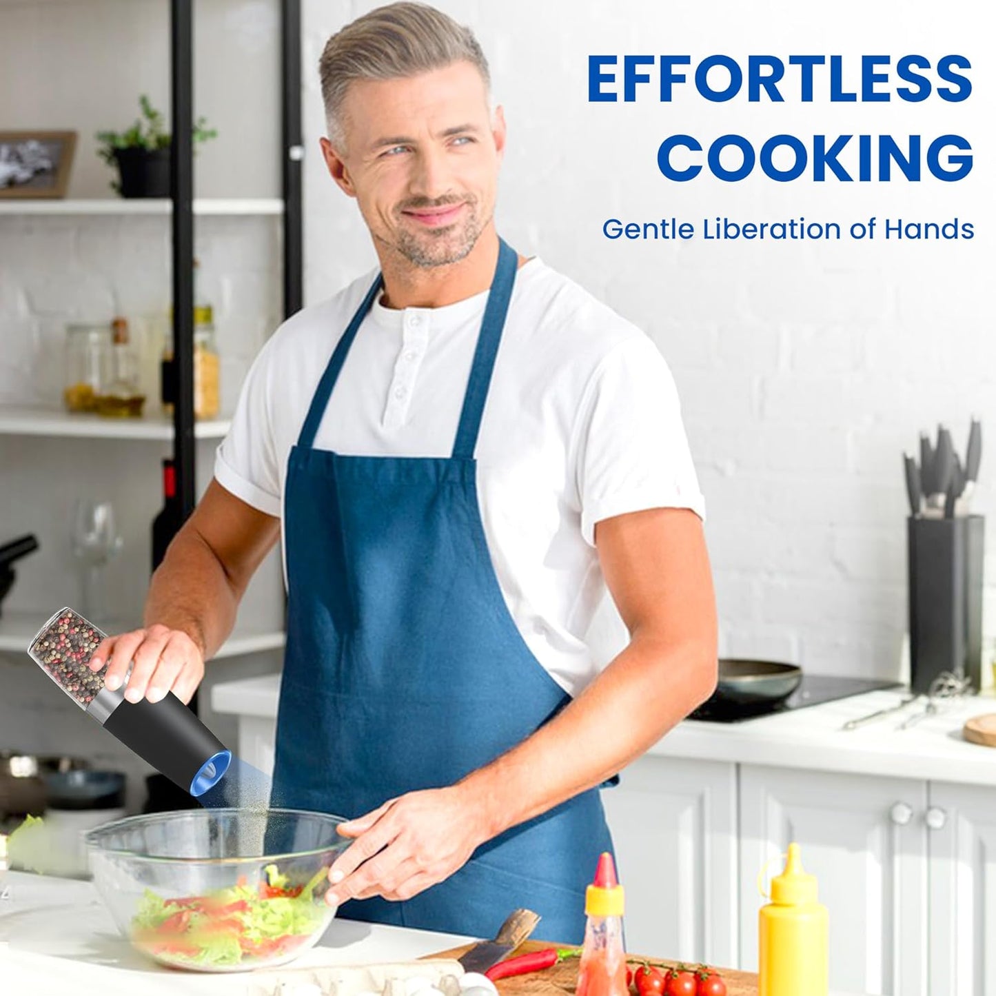 Gravity Electric Salt and Pepper Grinder set of 2, Automatic Salt And Pepper Grinder Set, Adjustable Roughness, Battery Powered, LED Light, 2 Pack, (Black)