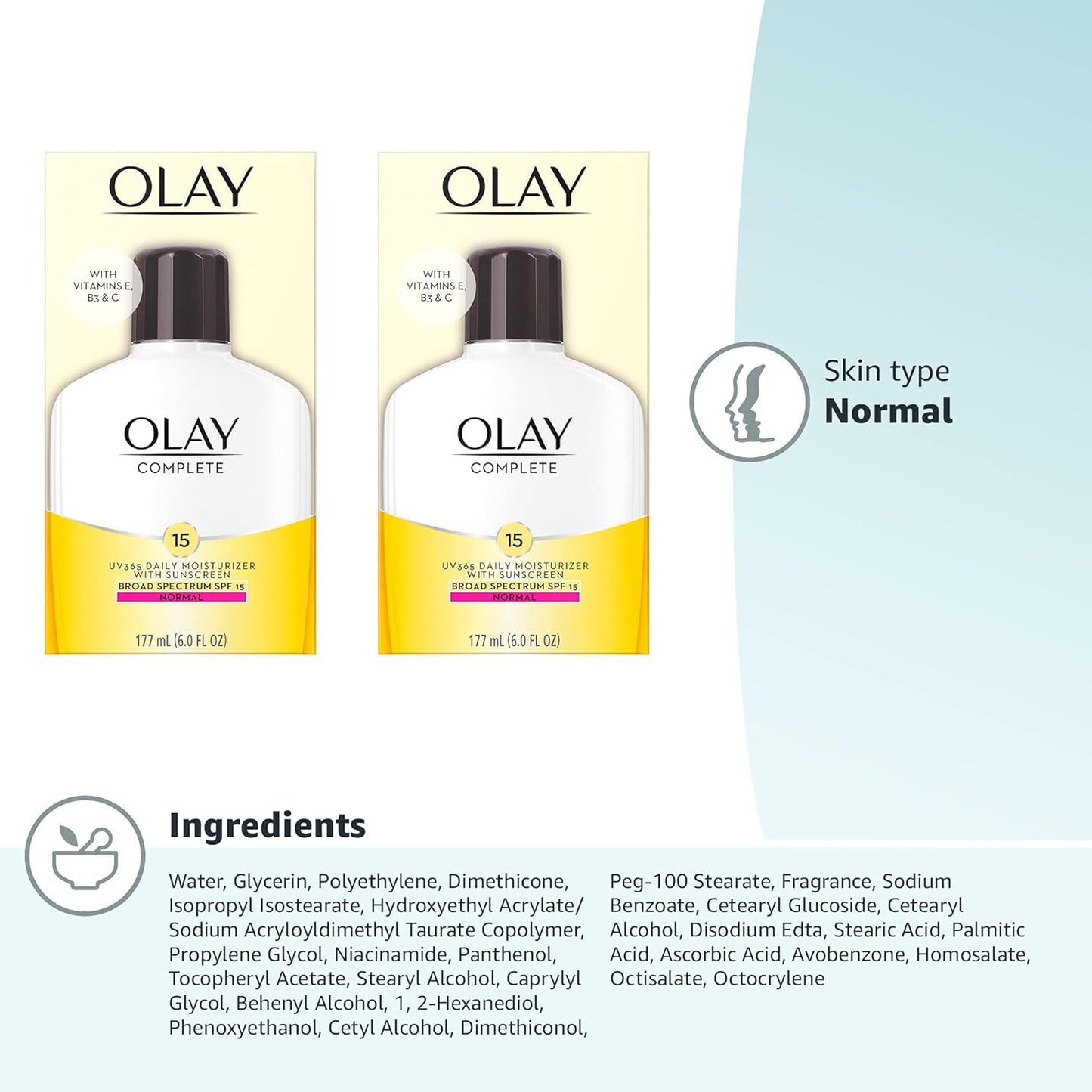 Olay Face Moisturizer, Complete with Sunscreen SPF 15, Daily Facial Lotion for Normal Skin, Lightweight Hydrating Broad Spectrum Sun Protection - Vitamin C, E, and Niacinamide - 6 Oz 2 Pack