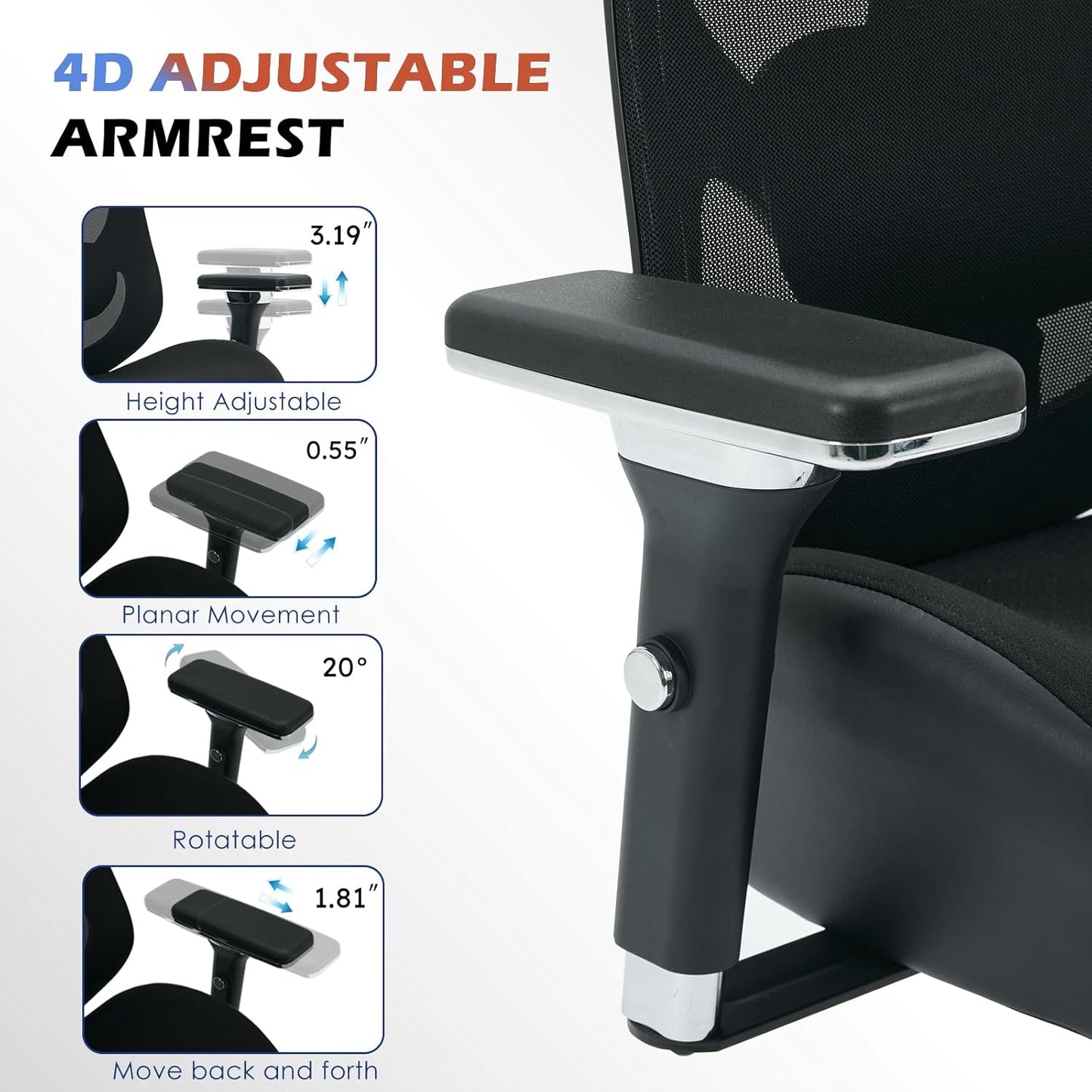 BOSMILLER 700lbs Big and Tall Office Chair with Wide Thick Seat Cushion for Sitting All Day,Ergonomic Mesh Desk Chair with Adjustable Lumbar Support for Heavy People,4D Armrests