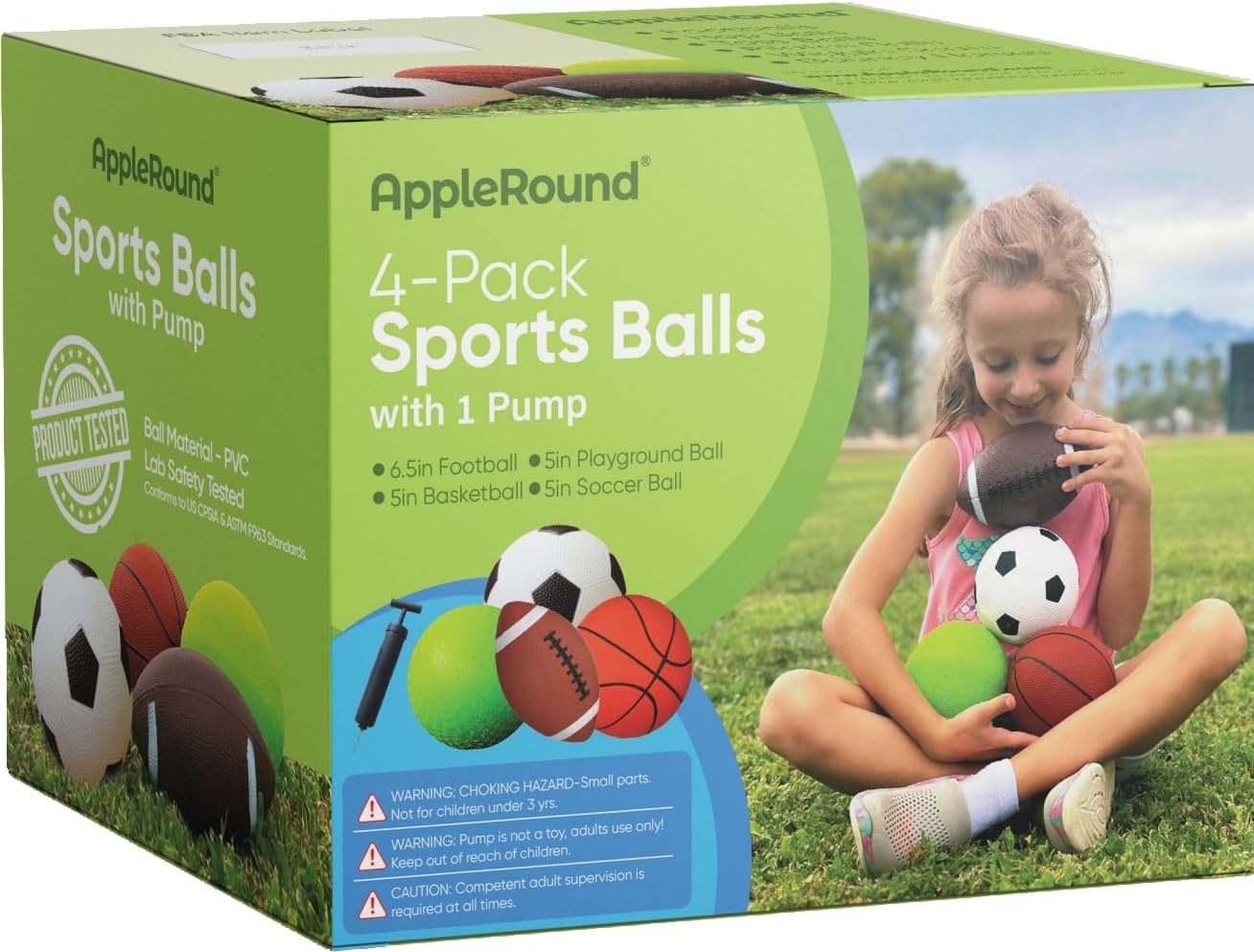 AppleRound 4-Pack Sports Balls for Toddlers & Kids with Pump – 5-Inch Soccer Ball, Basketball, Playground Ball & 6.5-Inch Football – Soft Small Balls for Indoor/Outdoor Play (Ages 2-7)