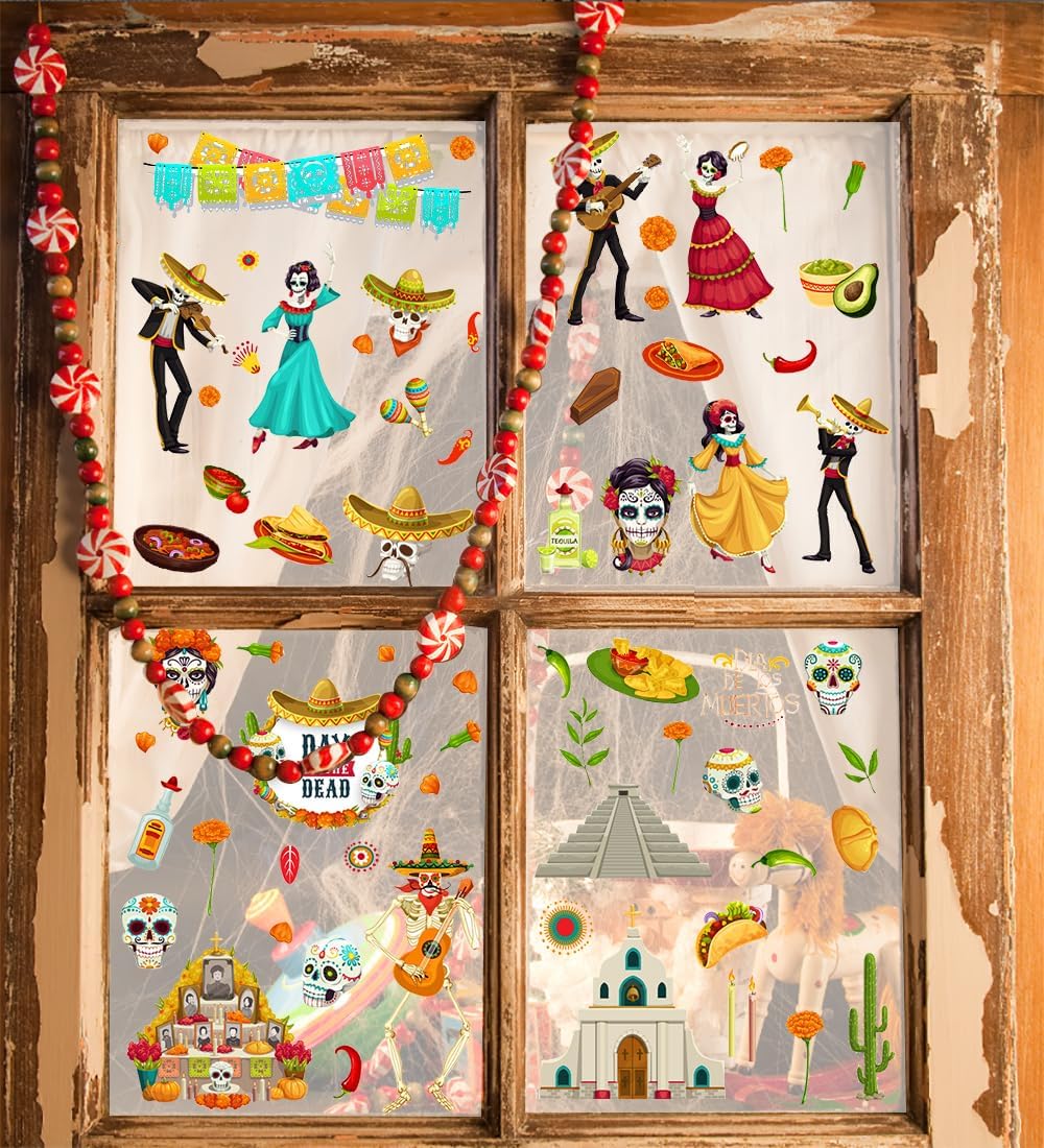 9 Sheets Halloween Window Clings, Sugar Skull Flower Double-Sided Window Stickers Reusable Static Day of The Dead Guitar Grave Window Decals for Mexican Dia De Los Muertos Decorations Party Supplies