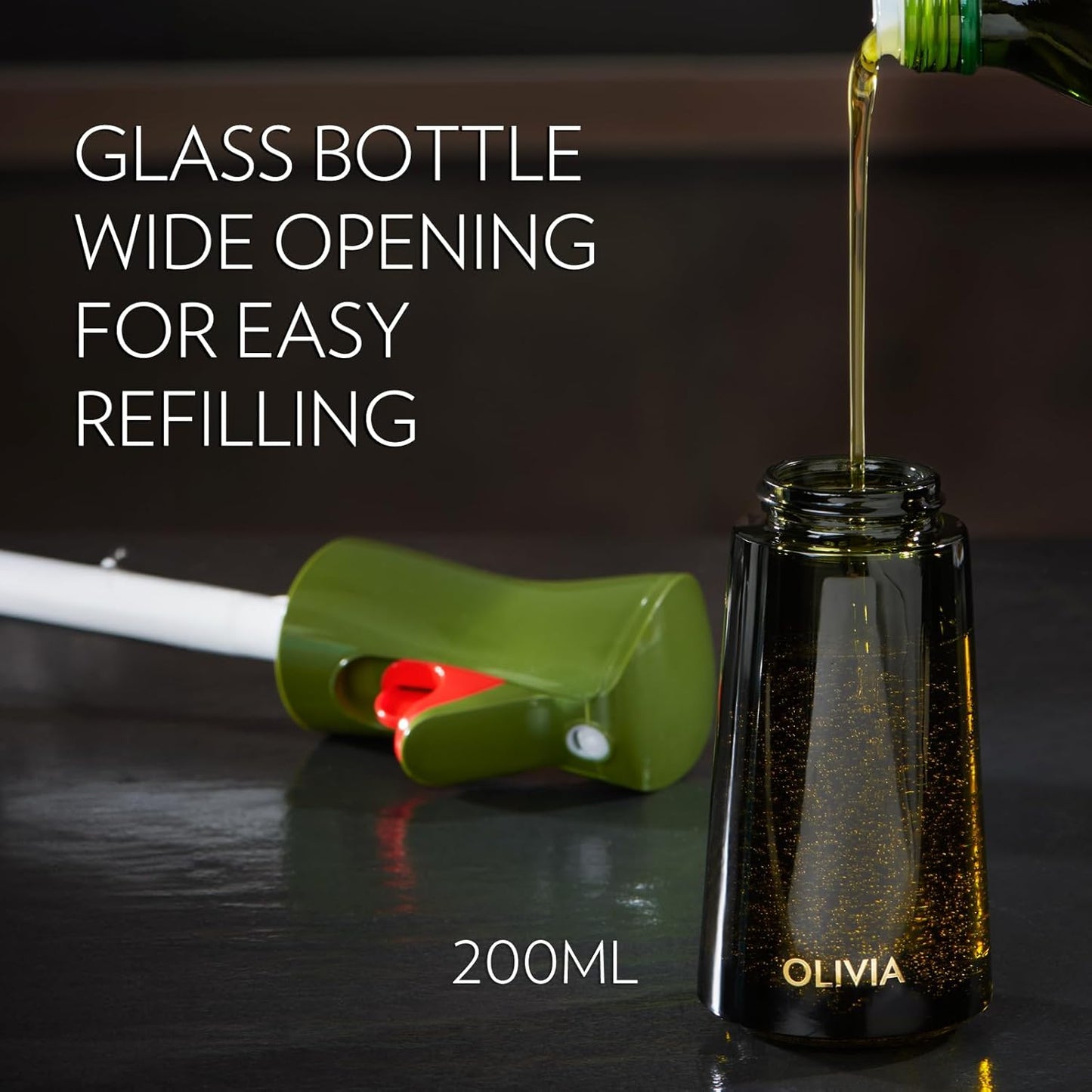 FLAIROSOL OLIVIA Oil Sprayer for Cooking, 200ml Glass Olive Oil Sprayer, Continuous Cooking Spray with Portion Control, Oil Dispenser for Kitchen, Air Fryer, Salad, BBQ (Green Bottle, Gold Print)