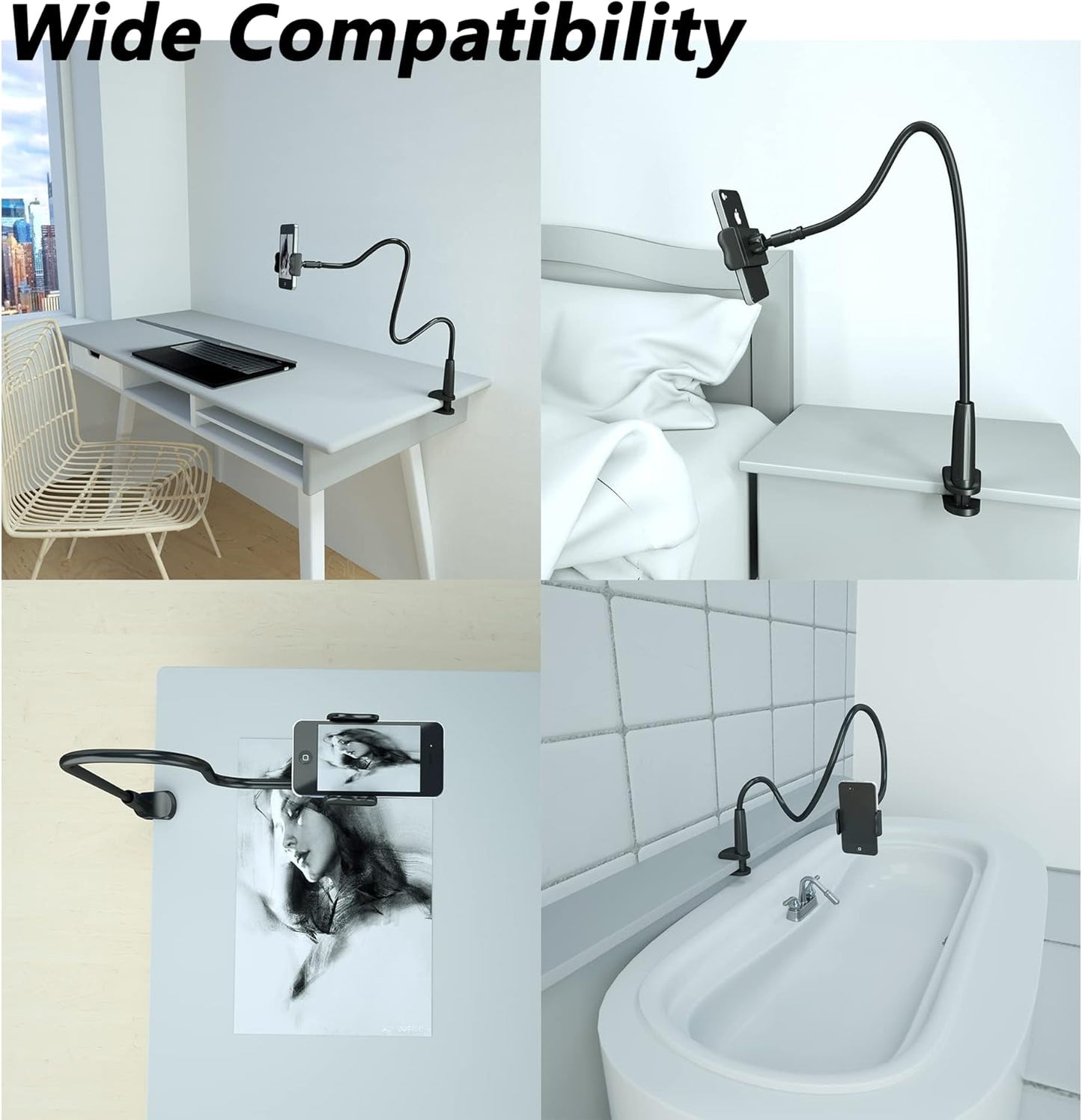 Cell Phone Clip Bed Stand Holder, with Grip Flexible Long Arm Gooseneck Bracket Mount Clamp for Desk, Compatible with iPhone 14 Pro Max XR X 8 7 6 or Other 3.5-7" Devices (Black)