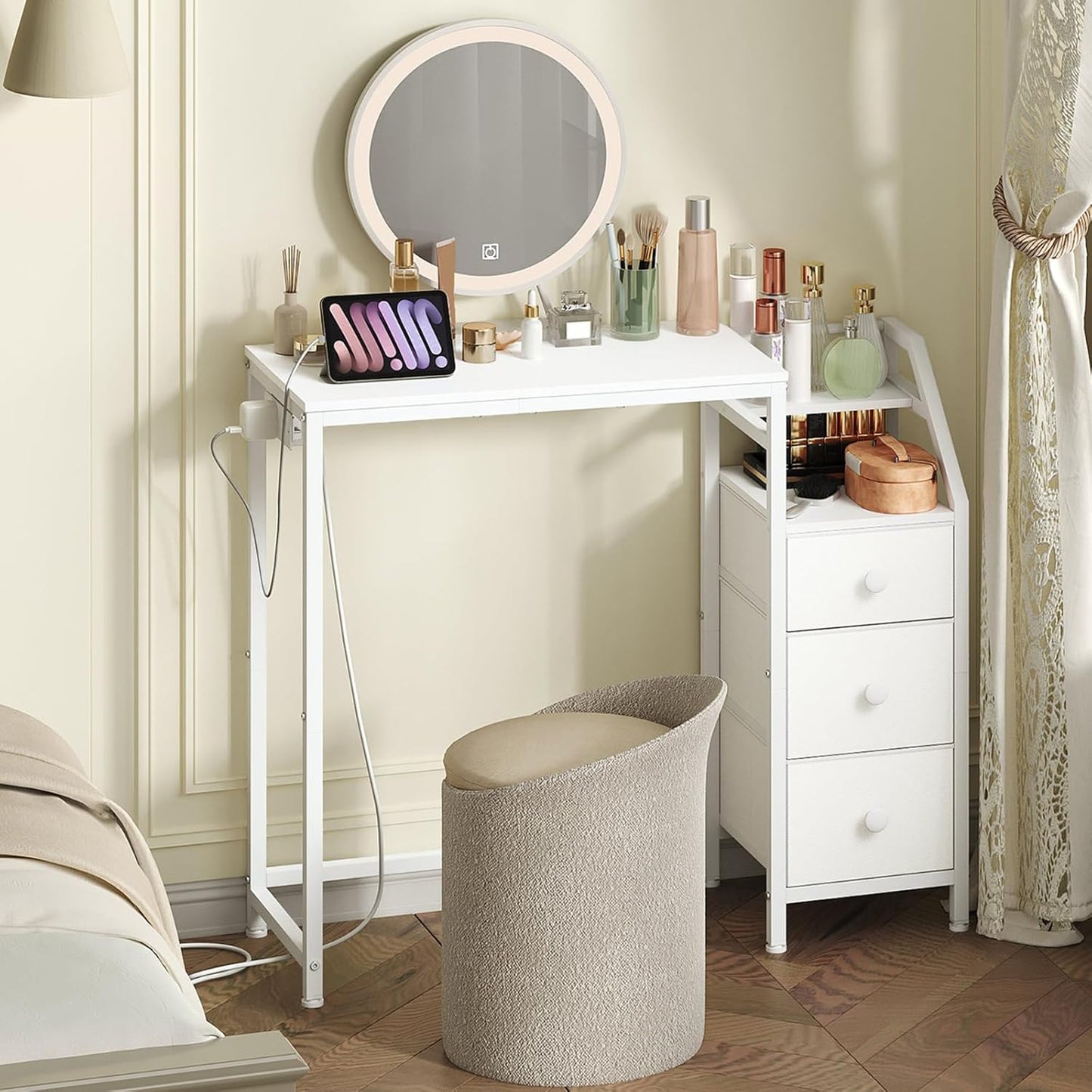 Small Vanity Desk Without Mirror, Makeup Vanity Table with Power Outlet, White Vanity with Fabric Drawers, Dressing Table, for Small Spaces, Bedroom, White