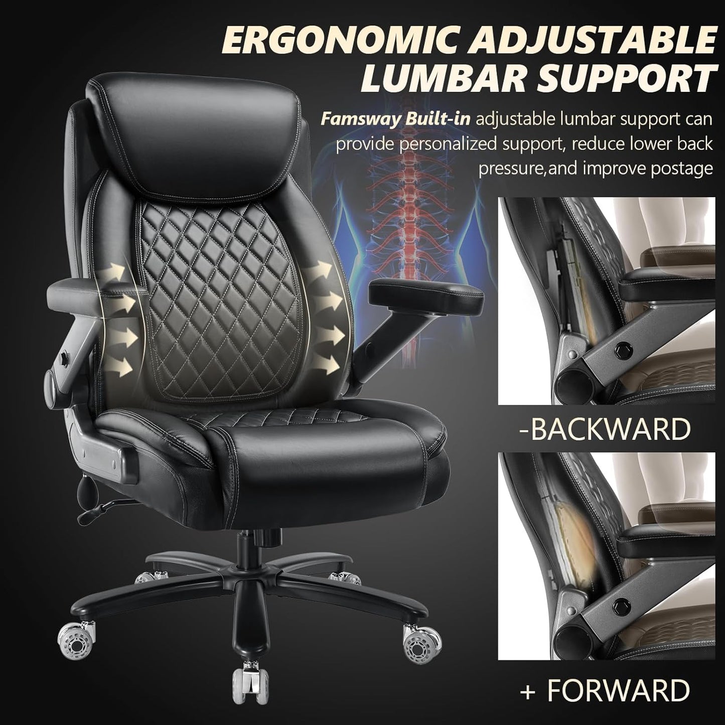 600LBS Large Heavy Duty Office Chair with 5D Flip Arms, Comfy Big and Tall Executive Office Desk Chair with Pocket Spring Cushion,High Back Computer Chair with Lumbar Support,Dual Rubber Wheel