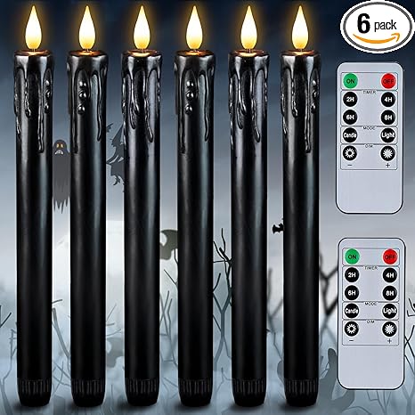 Homemory Black Flameless Taper Candles with Remote and Timer, Real Wax LED Taper Candles Battery Operated, Flickering Candle Sticks for Party Halloween Indoor Decoration, 6 Pcs, 9.6 inches