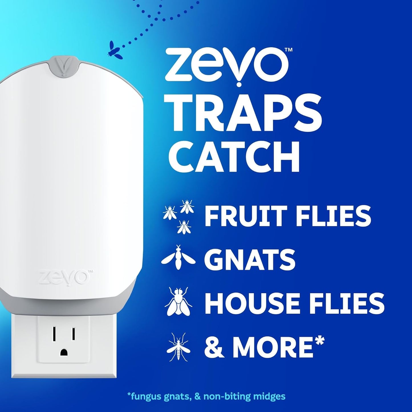 Zevo Flying Insect Trap & Cartridge - Plug in Fly Trap & Indoor Bug Catcher for Gnats, House & Fruit Flies - Mess-Free - Use in Any Room - Uses Blue & UV Light (1 Plug in Device & 1 Cartridge)