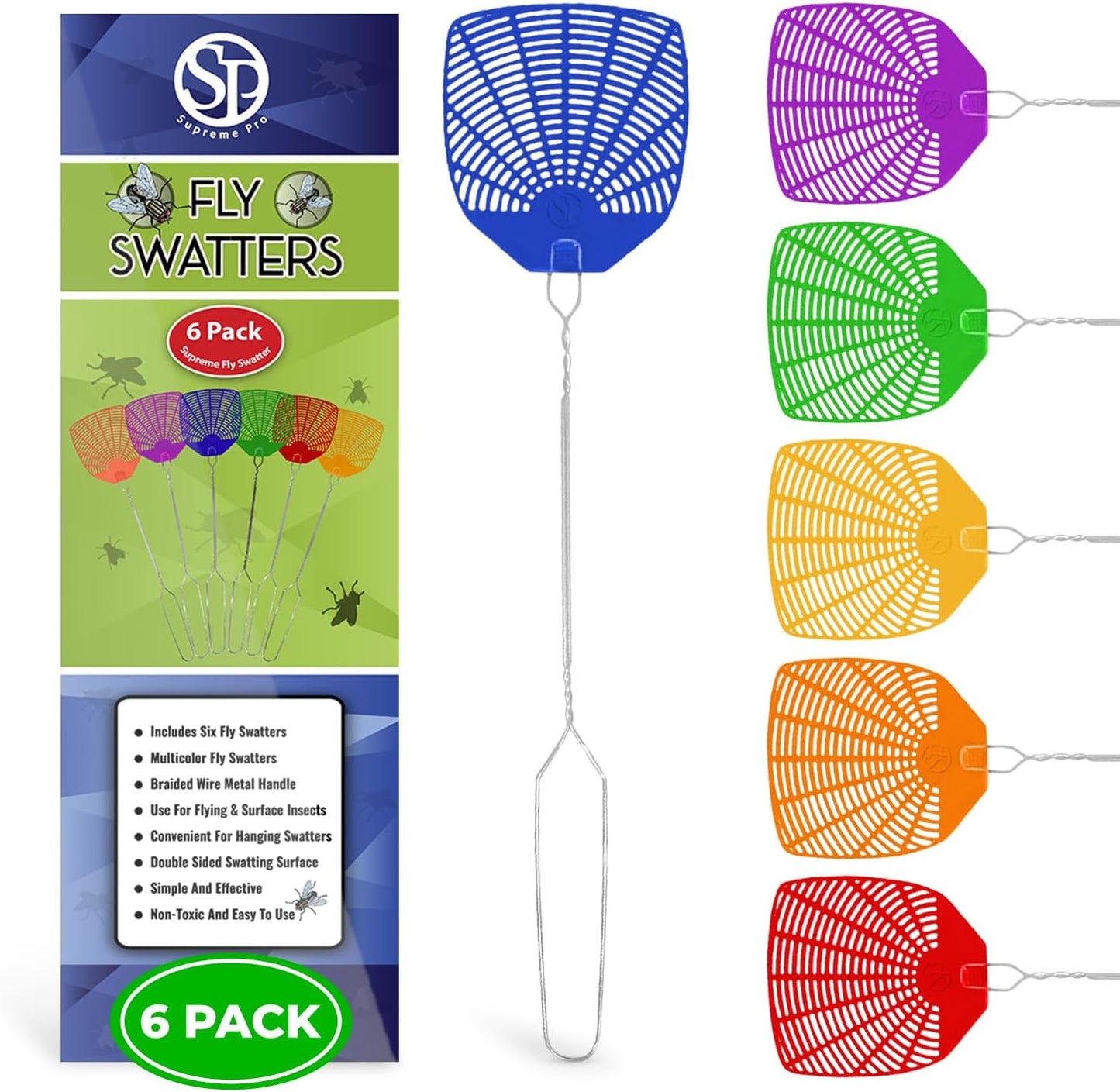 Supreme Bug & Fly Swatter 6-Pack – Braided Metal Handle 6 Pack Fly Swatters, Multi Pack Colors, – for Indoor/Outdoor – Flyswatter