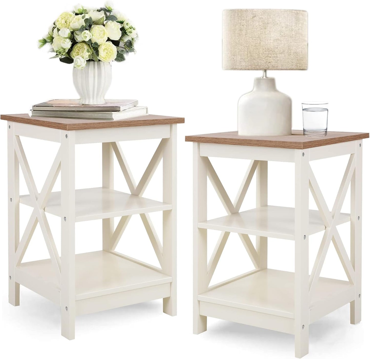 PHI VILLA End Table Living Room Set of 2, Farmhouse Bed Side Table Nightstands for Bedroom, Ivory White Small Side Table
