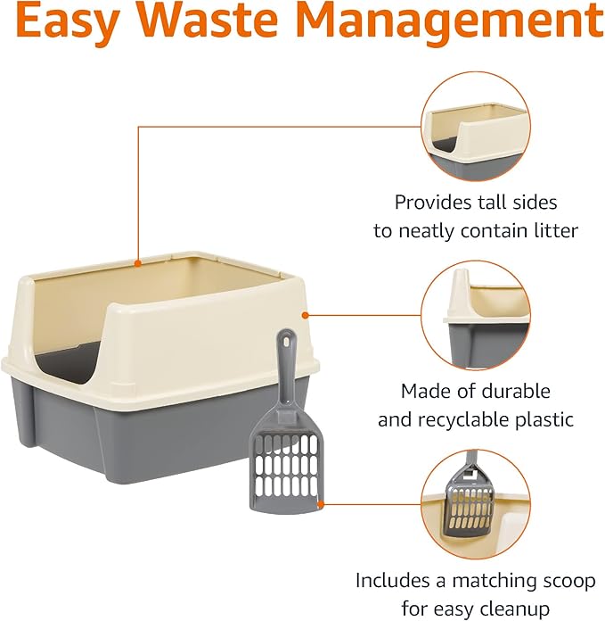 Basics Large Cat Litter Box with High Sides, Open Top, Includes Scoop, 19 x 15 x 11.75 inches, Grey/Beige