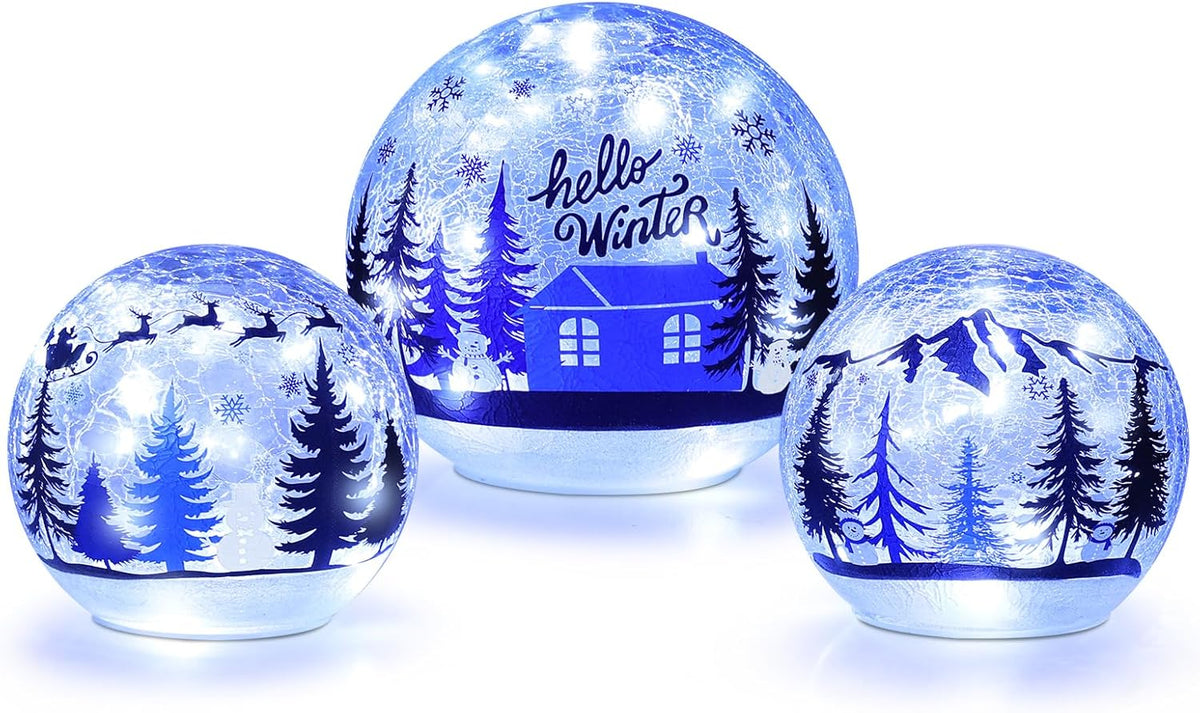 YEAHOME Christmas Decorations Indoor, Set of 3 Crackle Glass Ball with LED Lights Christmas Tree Snowman, Christmas Table Decorations Hello Winter Globes with Timer for Home Mantel Fireplace Decor