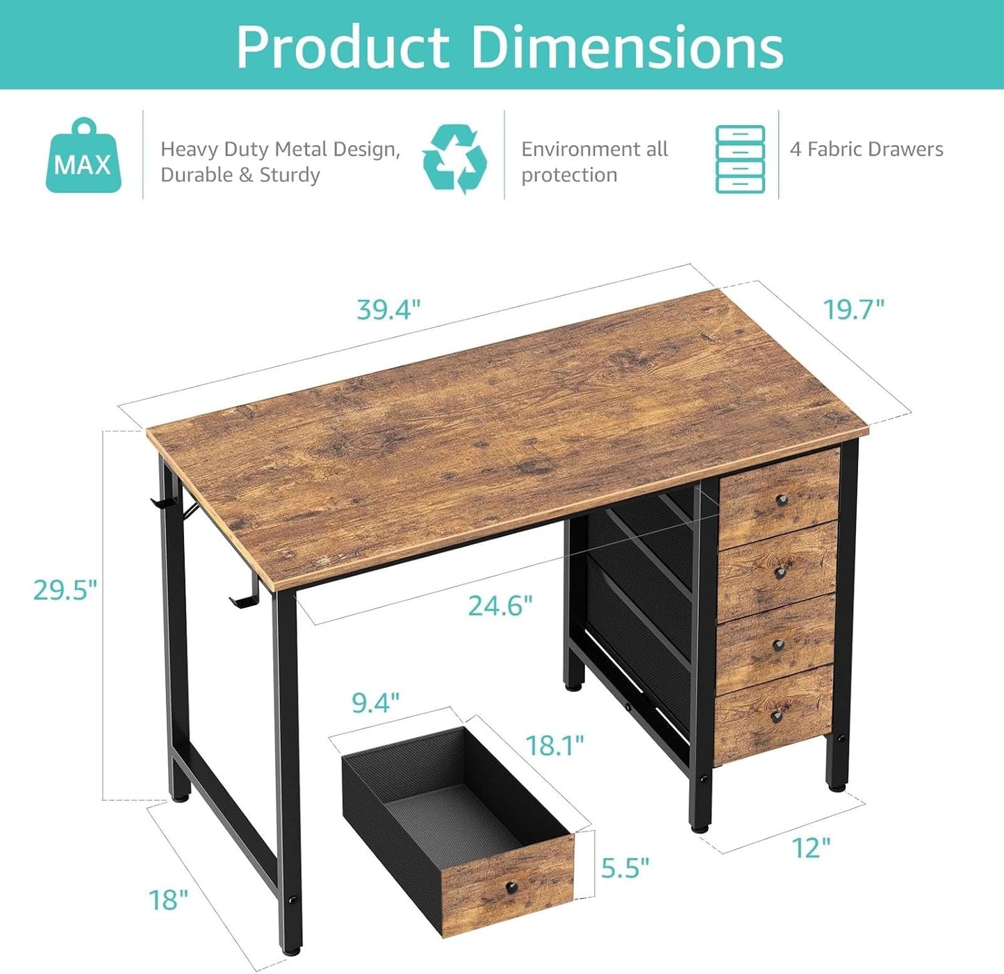 Lufeiya 40 inch Computer Desk with 4 Fabric Drawers, Kids Student Reversible Small Desks for Home Office Small Space, Work PC Desk Table for Bedroom, Rustic Brown