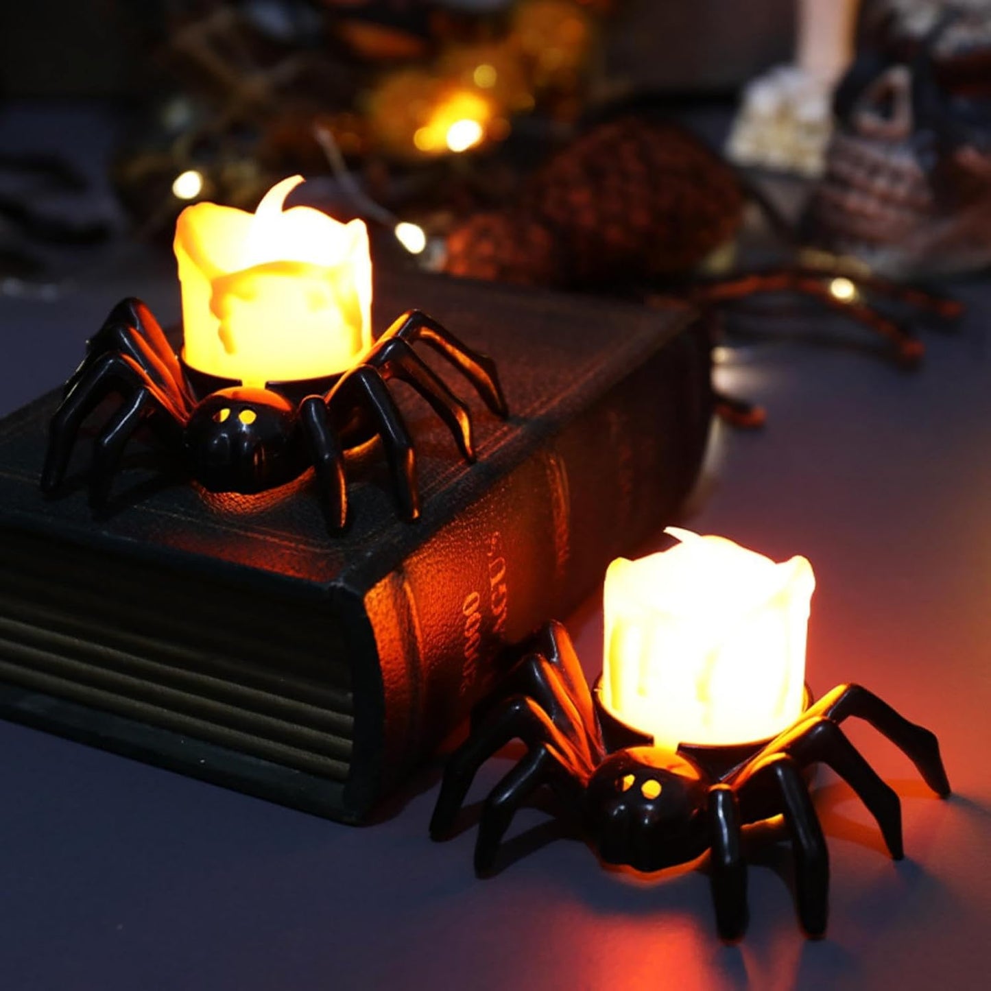 YBB 6 Pcs Halloween Spider Tea Lights, Novelty LED Flameless Spider Candle Holder Lights Battery Operated Orange Tea Lights for Halloween Party Table Home Spooky Decor