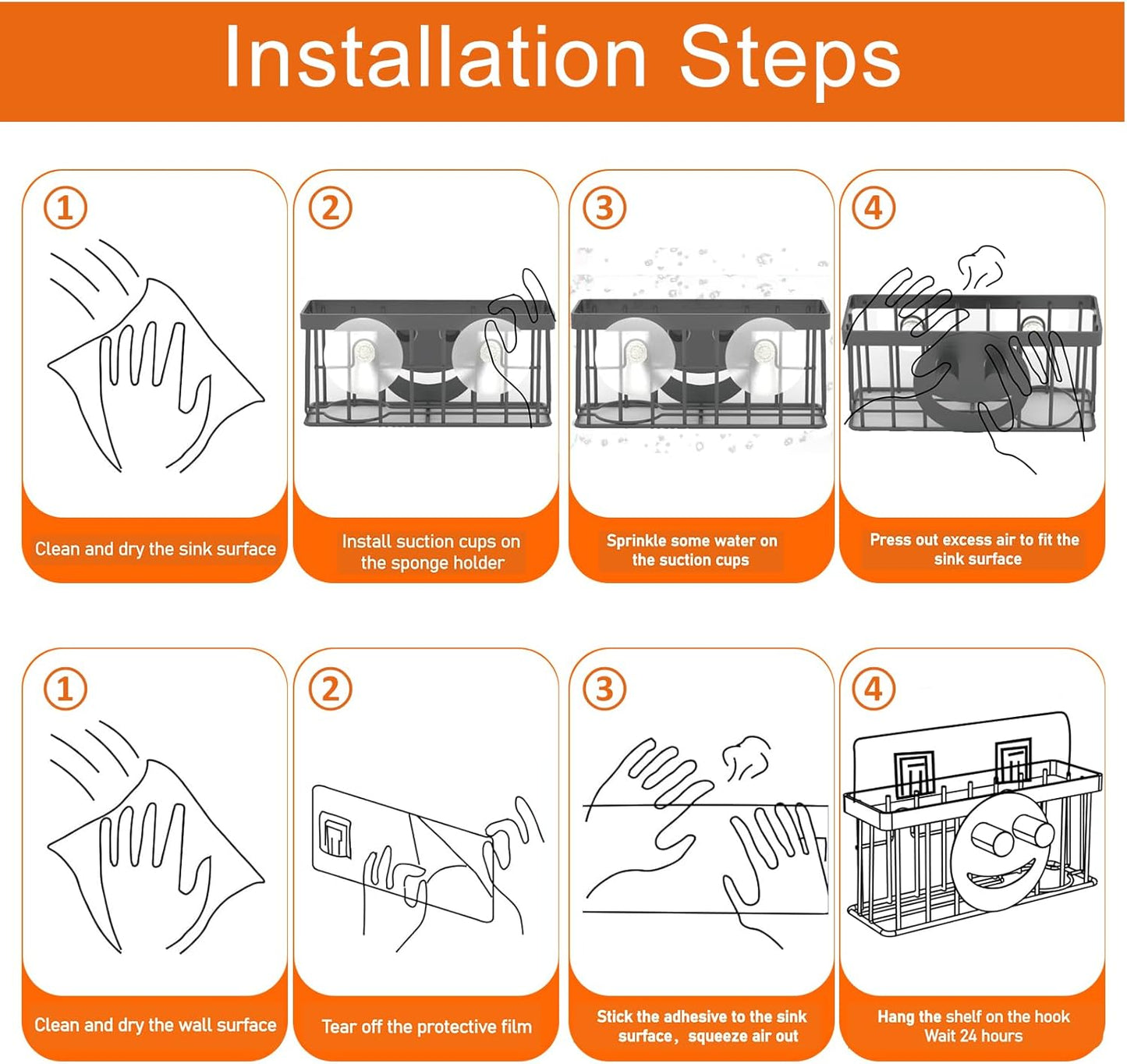 Sponge Holder Smiley Face,Sink Caddy,Sink Organizer with 2 Suction Cups/1 Adhesive Strips,Designed for Sponge,Soap,Dish Brush,Scrubber - Black