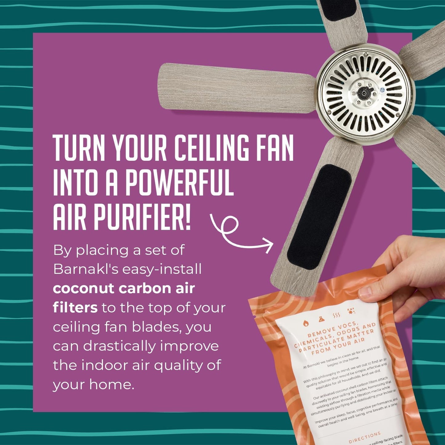 Ceiling Fan Filters | Activated Coconut Shell Carbon Ceiling Fan Blade Filters for Common Household Contaminants | Easy-Stick Universal Fit, Unscented (5-Count)