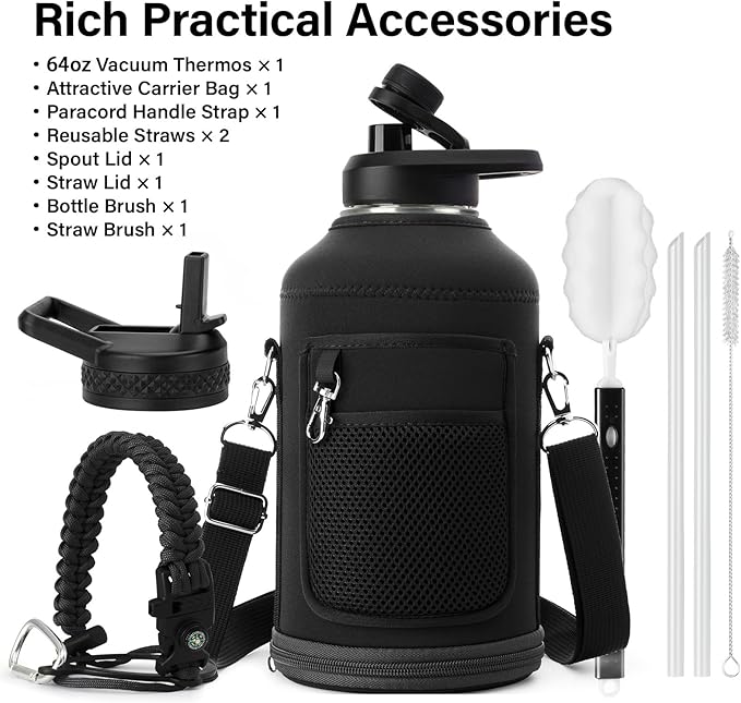 Insulated Water Bottle | Thickened Stainless Steel Vacuum Metal Thermos | Portable Sports Half Gallon Large Water Jug for Gym and Hiking with Straw, Carrier Bag, Handle Strap | BPA-Free 64 oz