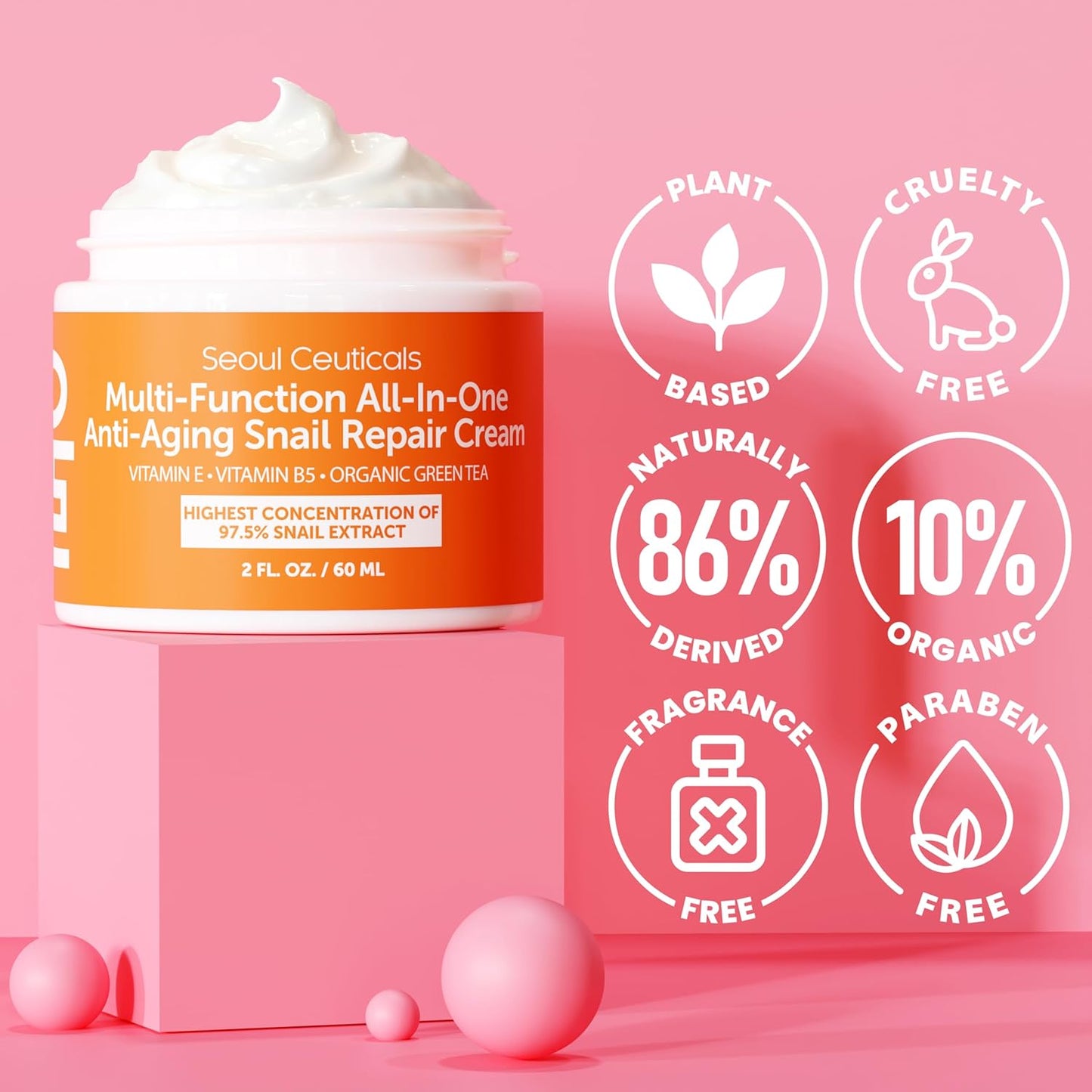 SeoulCeuticals Korean Skin Care 97.5% Snail Mucin Moisturizer Cream - K Beauty Skincare Day & Night Snail Repair Cream Filtrate Cruelty Free 2oz