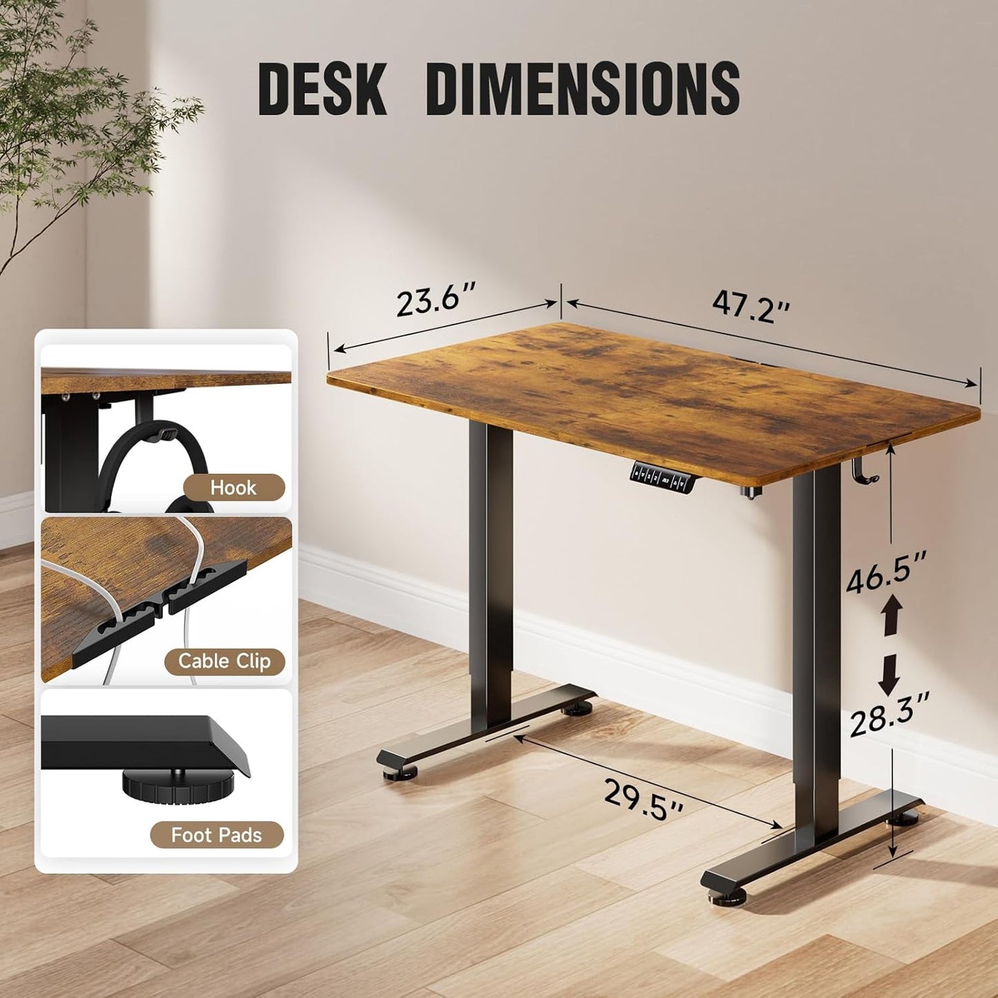 Veken 47.2" Standing Desk, Adjustable Height Office Desk with Wood Desktop, Computer Table for Home Work, Study and Gaming, Small Spaces, Modern Furniture,Brown