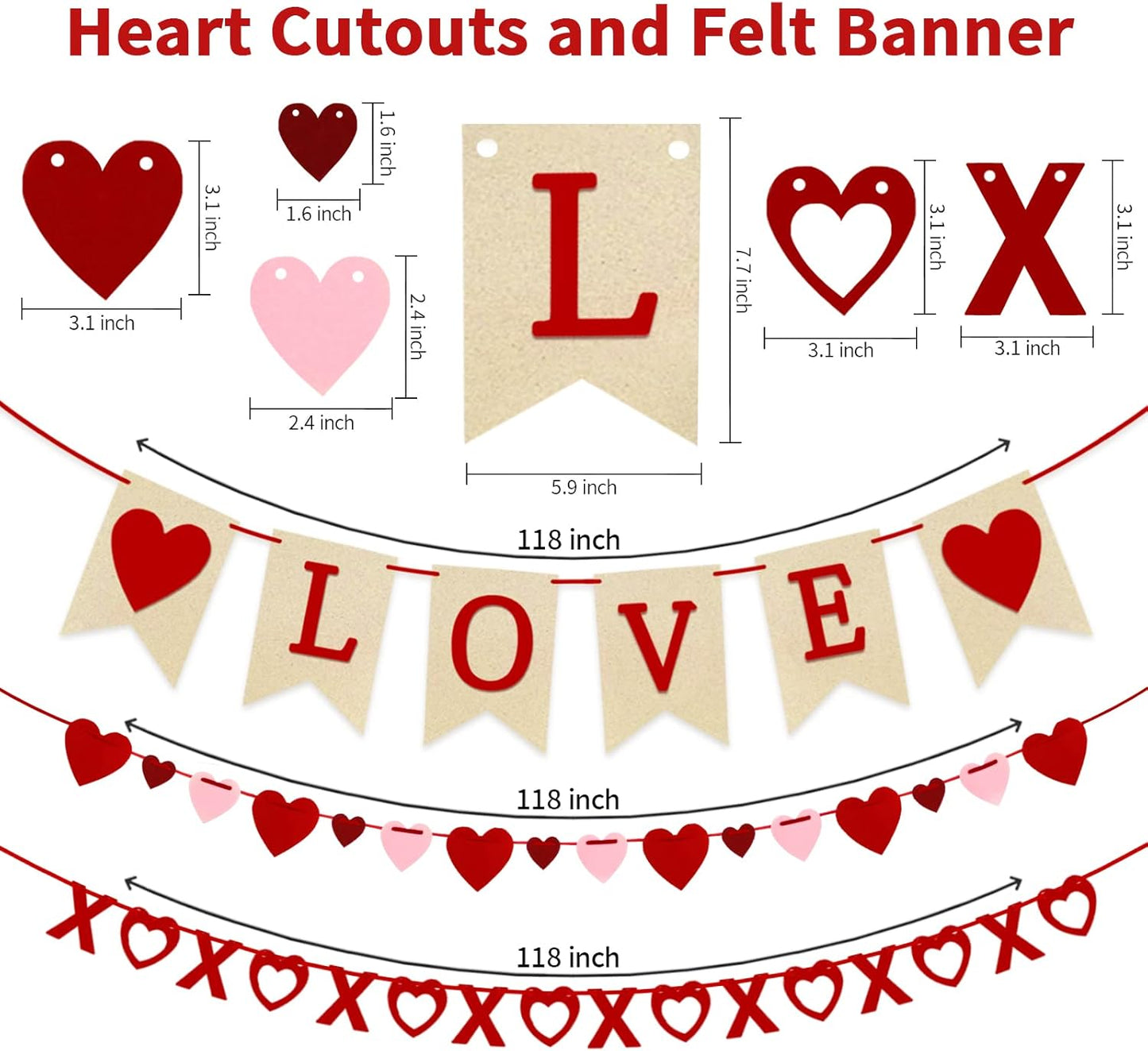 4Pcs Valentines Day Decorations Valentines Day Decor Handmade Love Heart XO Garlands Banner for Engagement Wedding Party Home Classroom Office, No DIY Required