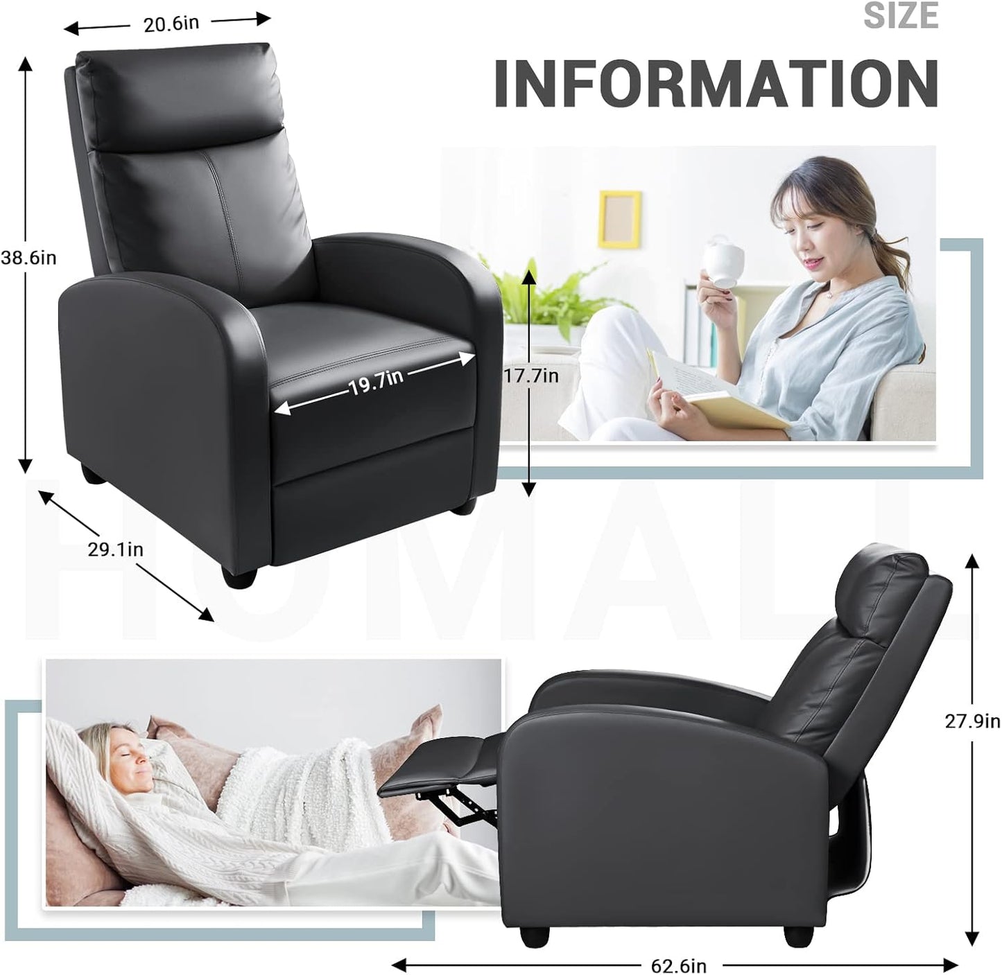 Homall Modern Recliner Chair Padded Seat Pu Leather for Living Room Single Sofa Recliner Seat Club Chair Home Theater Seating (Black)