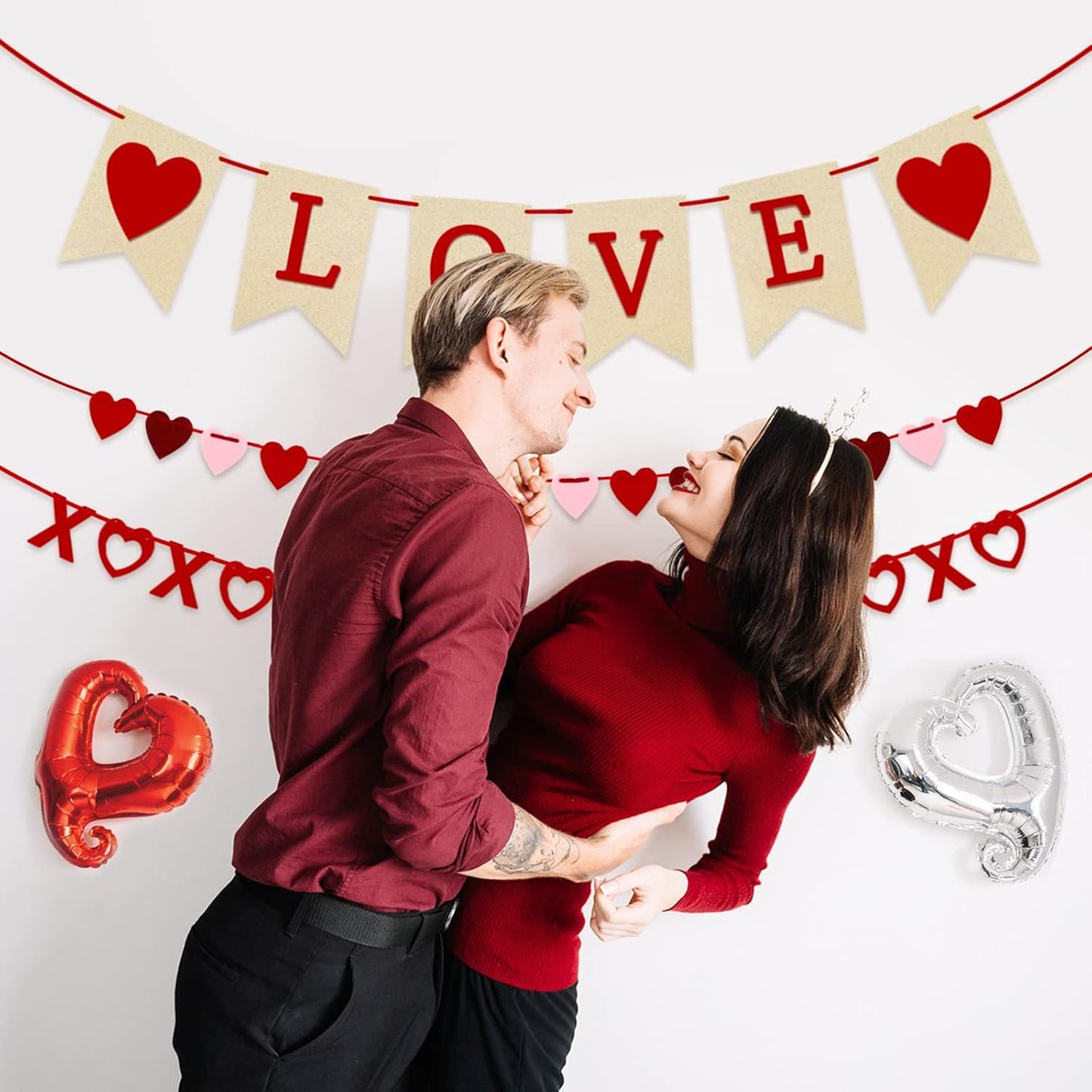 4Pcs Valentines Day Decorations Valentines Day Decor Handmade Love Heart XO Garlands Banner for Engagement Wedding Party Home Classroom Office, No DIY Required