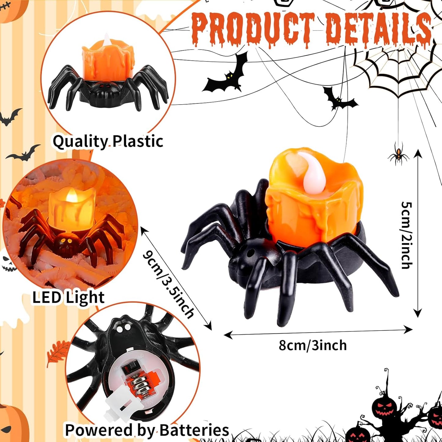 FOIMAS 6 PCS Halloween Tea Lights Candles,Halloween Flameless Candles Halloween Spider Tealights Spooky Flickering Fake Candles for Halloween Party Decorations, Black