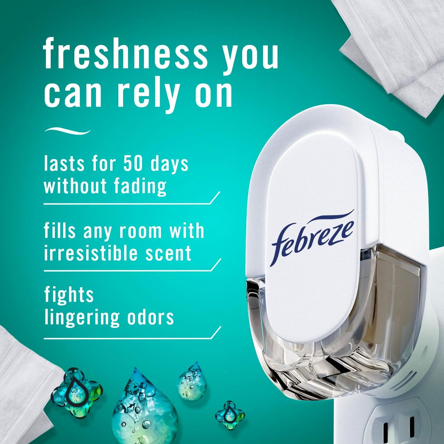 Febreze Plug in Air Freshener, Odor-Fighting Scented Oil Refill, Air Fresheners for Home and Bathroom and Kitchen, Long Lasting for Strong Odors, Unstopables Fresh Scent, 0.87oz Refills, 3 Count
