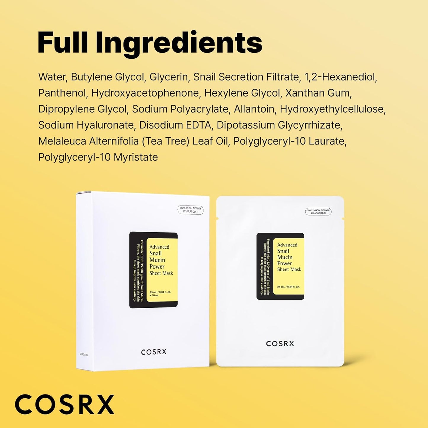 COSRX Snail Mucin Sheet Mask 10 EA with Snail Mucin Serum, Self Care, Face Masks for Dry, Sensitive Skin, Not Tested on Animals, No Parabens, No Sulfates, Korean Skin Care