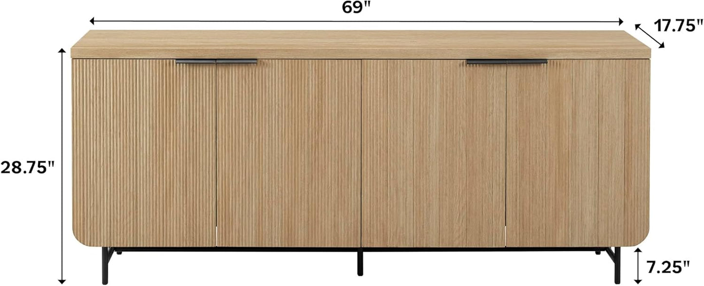 Walker Edison Reema Fluted 4-Door Kitchen Sideboard Buffet Console, 69 Inch, Coastal Oak
