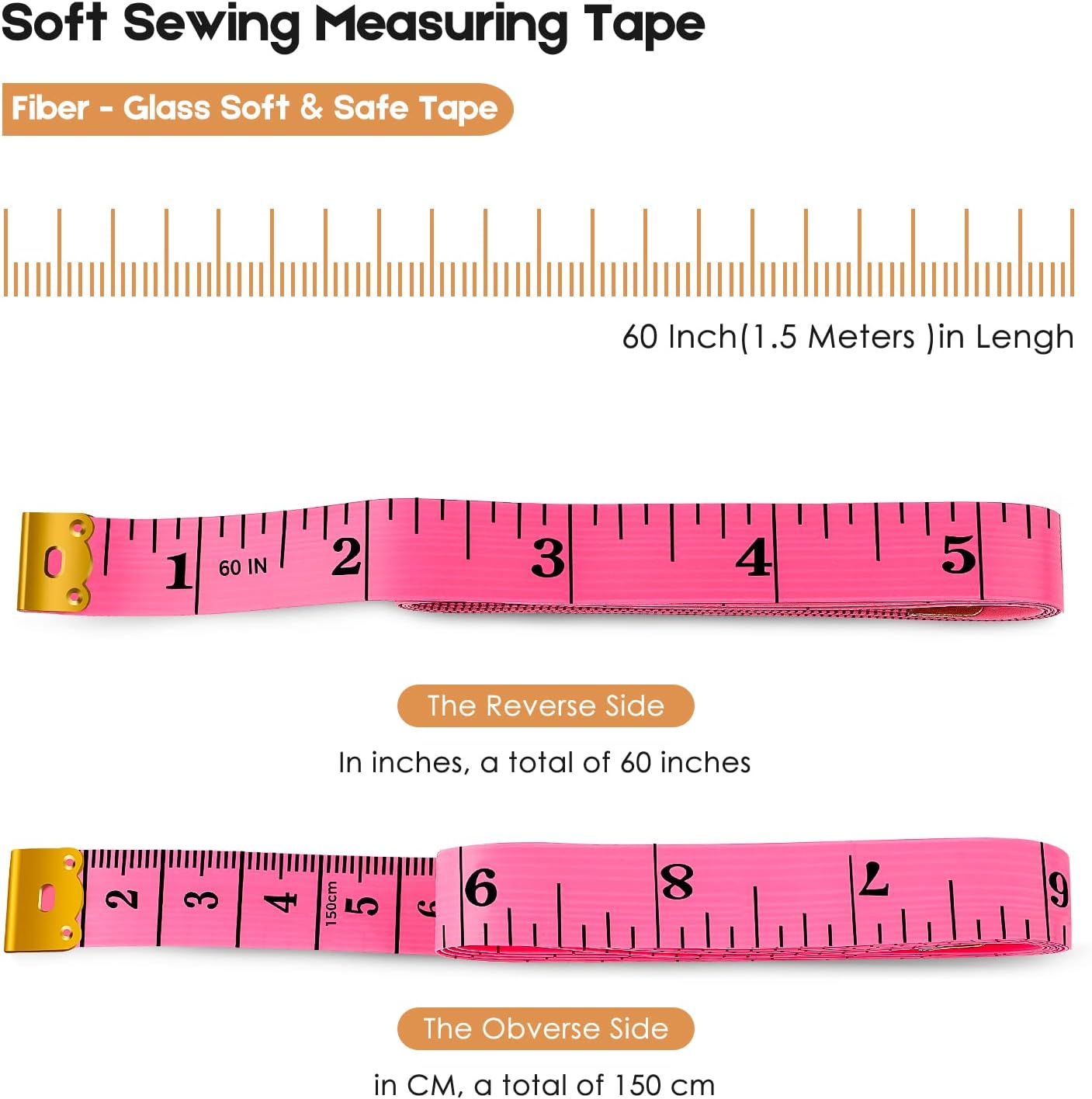 iBayam 2 Pack Tape Measure Measuring Tape for Body Fabric Sewing Tailor Cloth Knitting Vinyl Home Craft Measurements, 60-Inch Soft Fashion Pink & Retractable Black Double Scales Rulers for Body Weight
