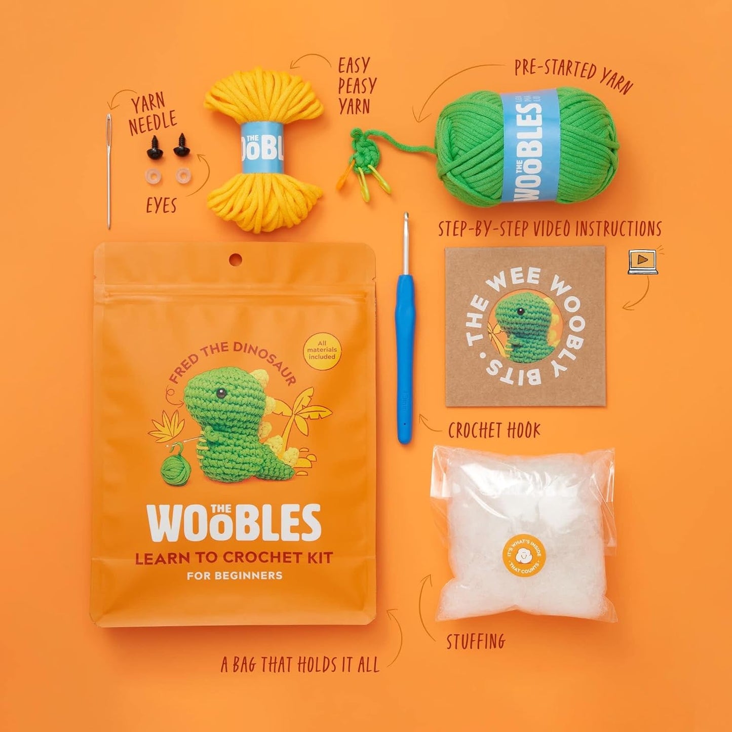 The Woobles Crochet Kit for Beginners - Easy Arts and Crafts Knitting & Crochet Animals Kit As Seen On Shark Tank - Fred The Dinosaur