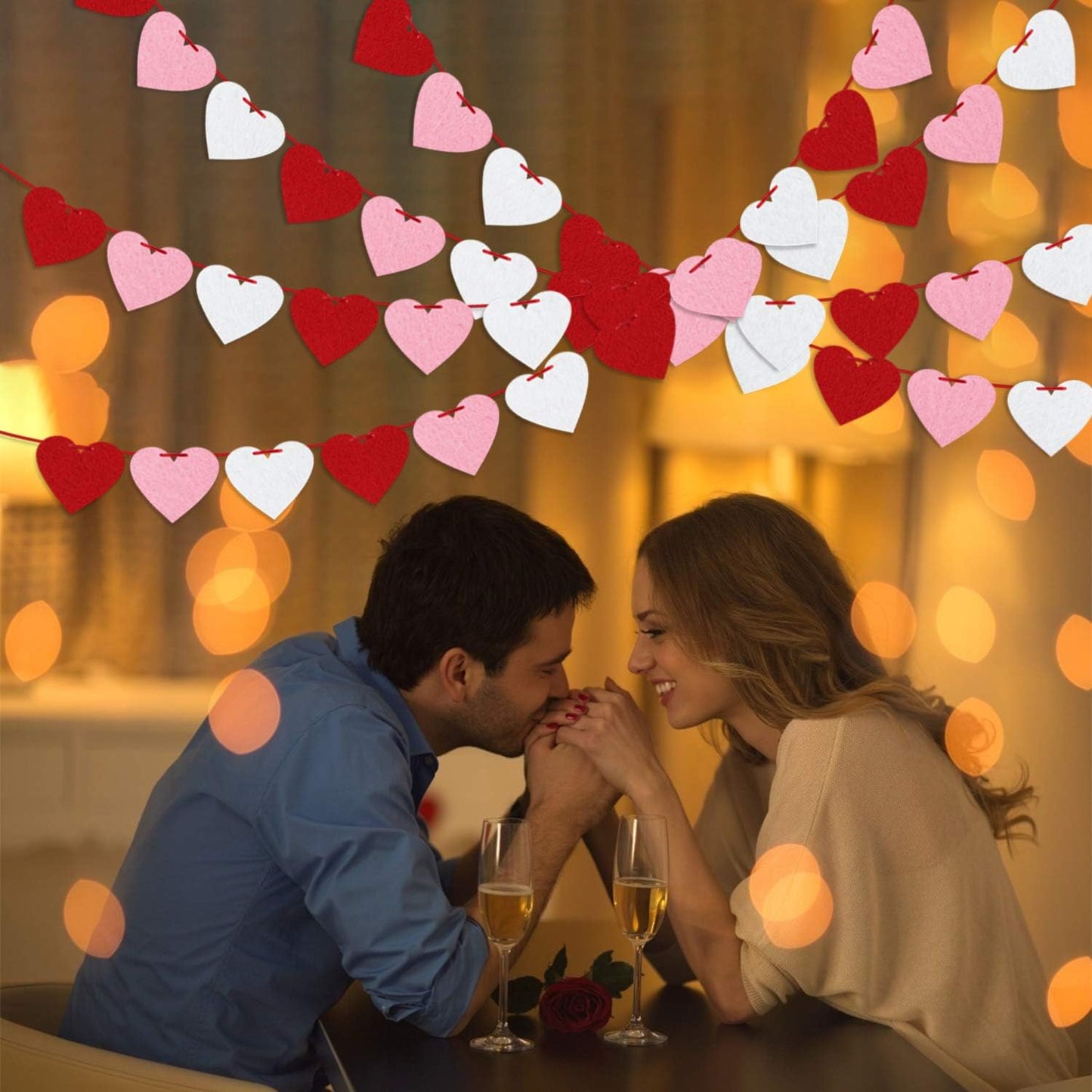 Felt Heart Garland Banner, Pre-Strung | Valentines Decorations | Red Pink White Valentines Banner | Anniversary Wedding Birthday Party Decorations | Outdoor Home Hanging Valentine's Day Decor