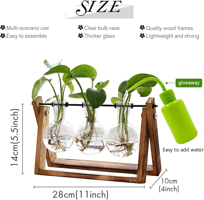 XXXFLOWER Plant Terrarium with Wooden Stand, Air Planter Bulb Glass Vase Metal Swivel Holder Retro Tabletop for Hydroponics Home Garden Office Decoration - 3 Bulb Vase - Cart Shape