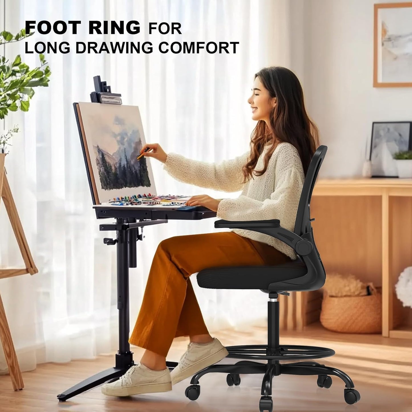 Ergonomic Drafting Chair, Tall Office Chair with Flip-up Armrests, Breathable Mesh High Desk Chair with Lumbar Support Adjustable Footrest Ring for Standing Desk Black