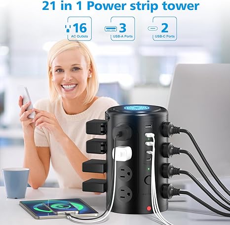 21 in 1 Tower Power Strip Surge Protector with 16 Outlets and 5 USB Ports (2 USB-C), 6FT Extension.