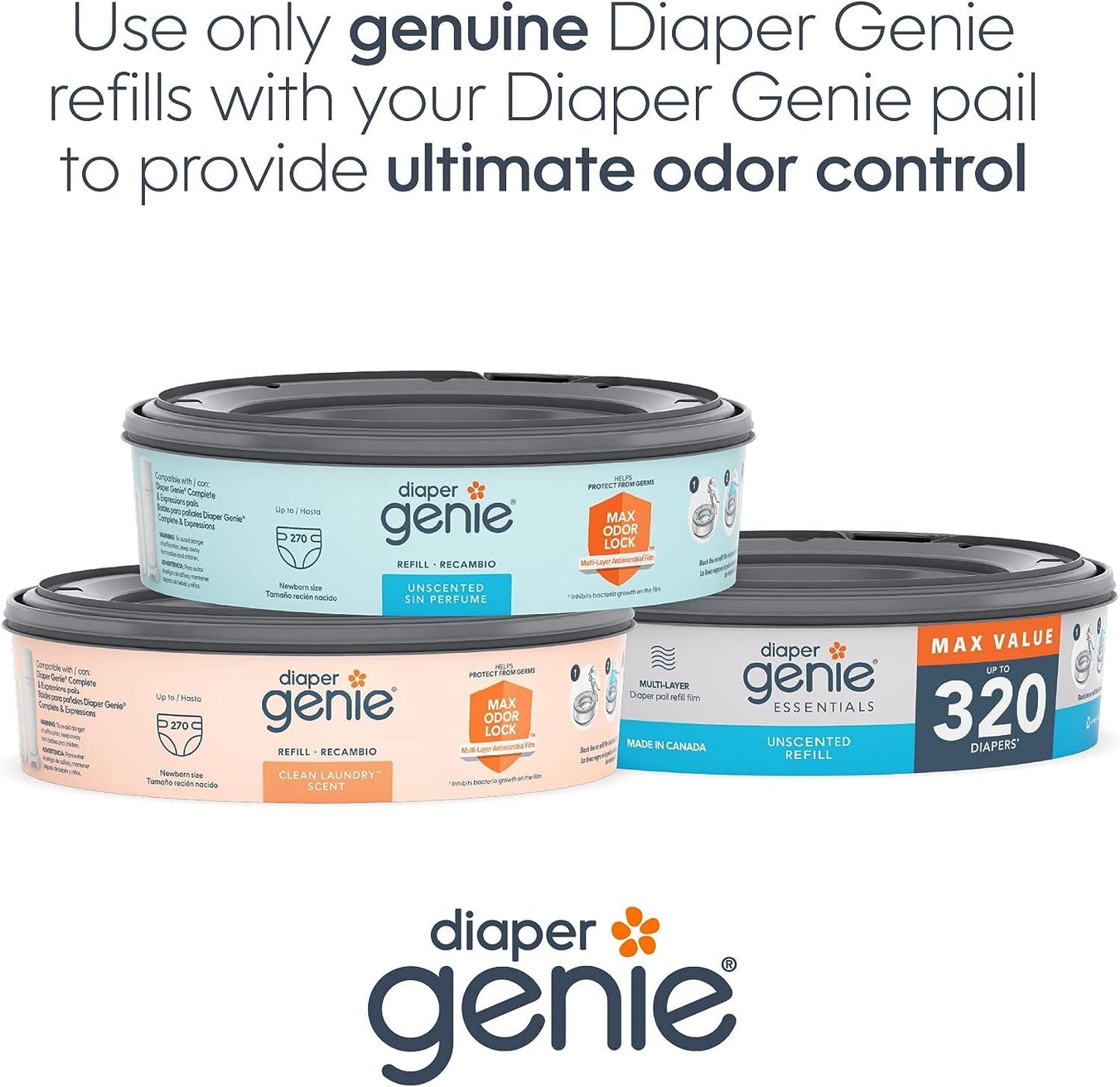 Diaper Genie Refill Round – Pack of 4 | Holds 1280 Diapers | Odor-Lock Film for Complete & Expressions Pails