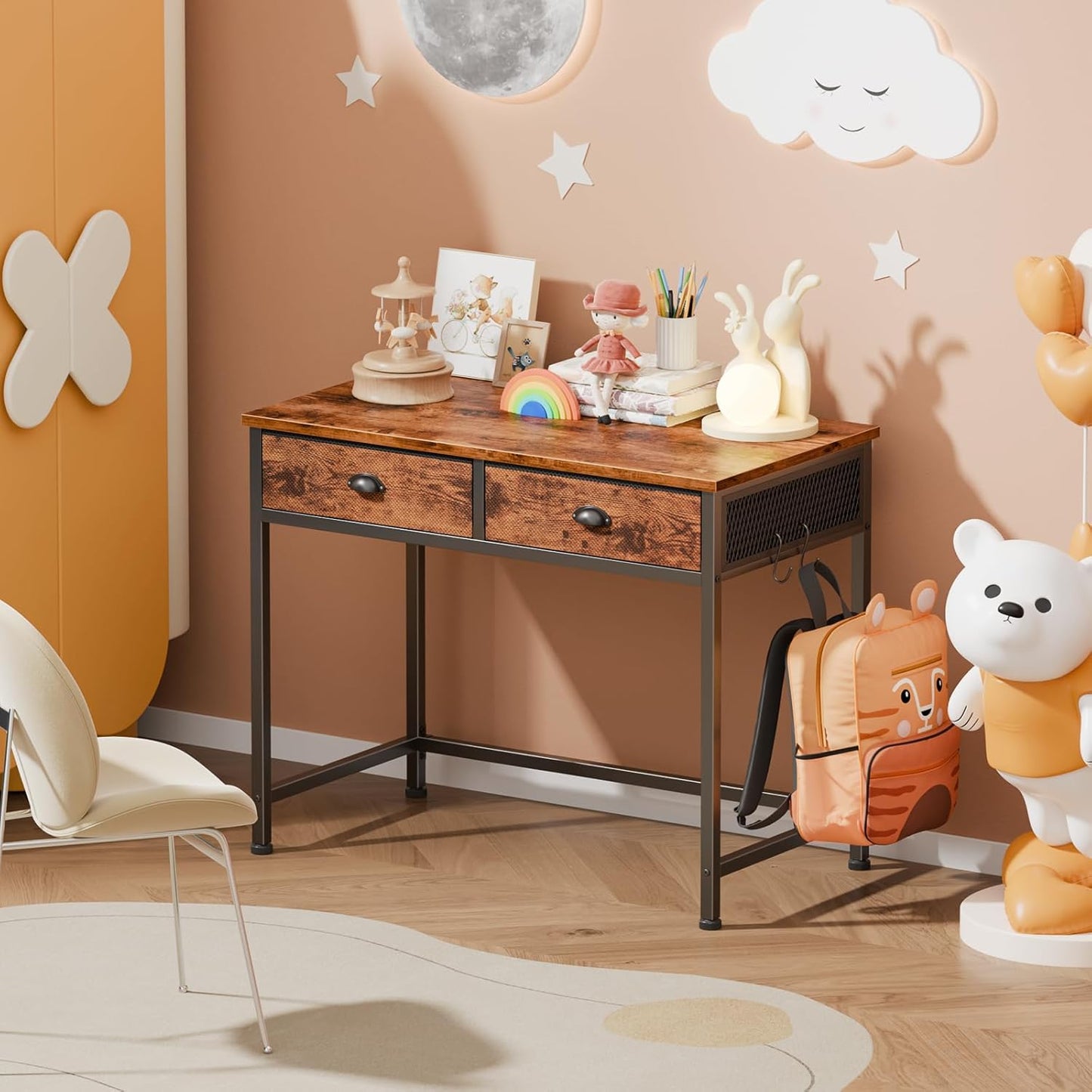 Furologee Small Computer Desk with 2 Fabric Drawers for Bedroom,34 Inch Home Office Writing Desk, Vanity Desk with Hooks, Simple Study Desk for Small Spaces, Makeup Dressing Table, Rustic Brown