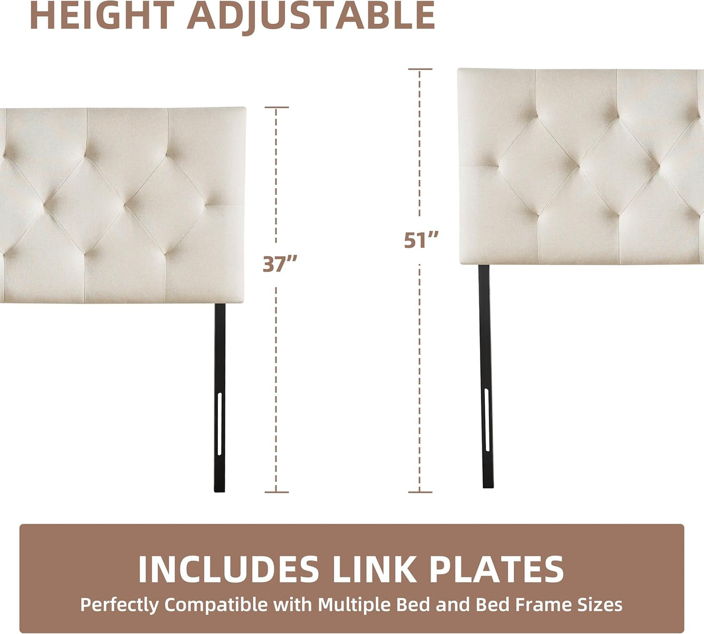 Linen Fabric Upholstered Headboard Queen Size, Modern Diamond Tufting Solid Wood Queen Headboard Only, Adjustable Height from 37” to 51” Head Board, Bed Frame or Wall Mount Headboards, Beige