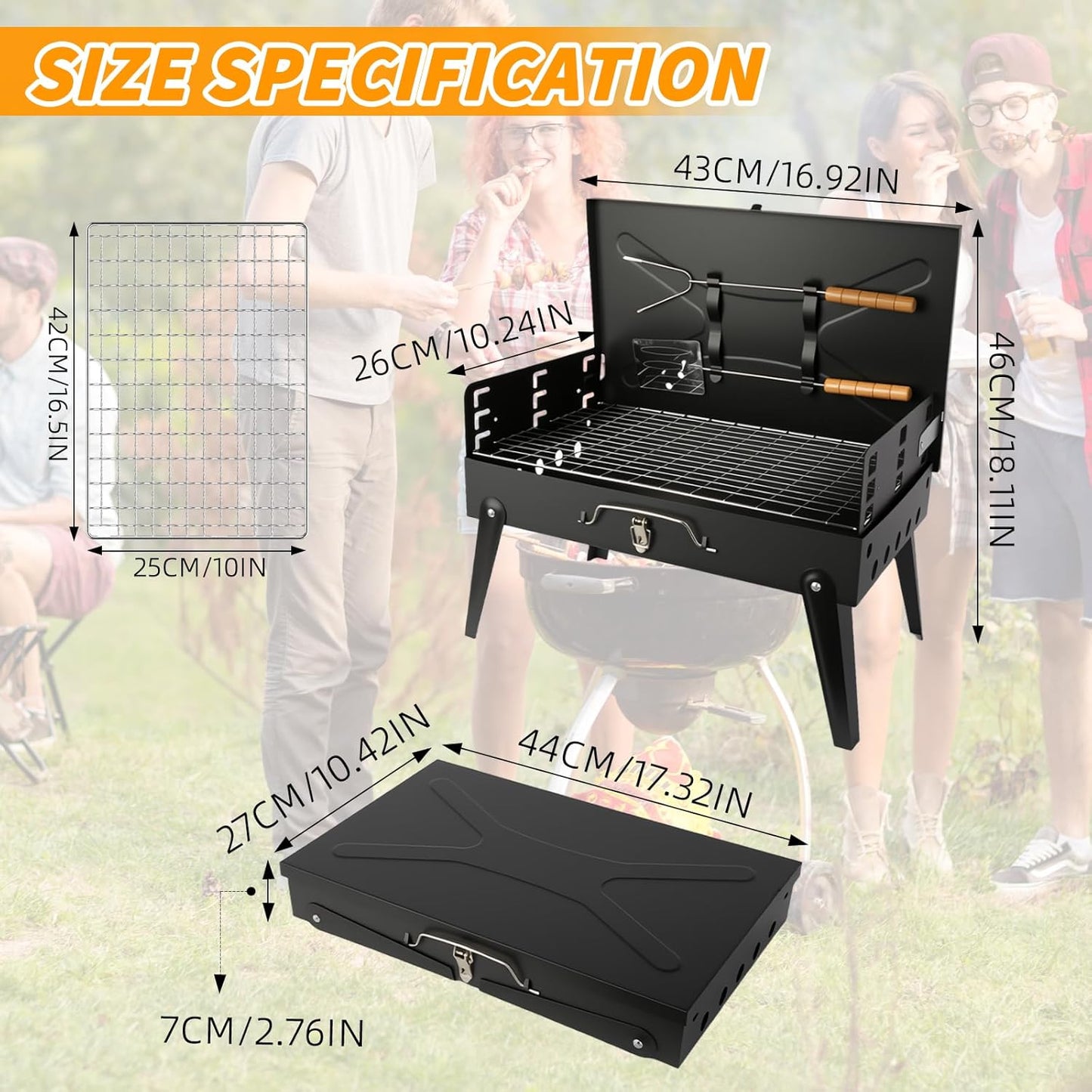Portable Charcoal Grill Foldable BBQ Grill Kit - Compact Camping Grill for Outdoor BBQ, Cooking, Picnics, Beach, Backyard - Barbecue Accessories with Grill Tools
