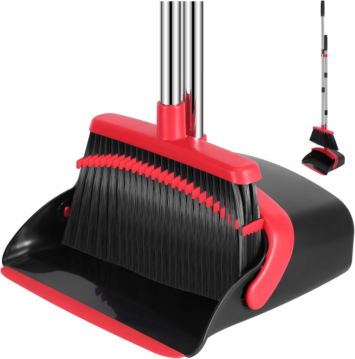 NACENA Broom and Dustpan Set, 52-in Long Adjustable Handle Broom Dustpan Combo with Dustpan Teeth to Automatically Clean Hair Suitable for Home Kitchen Office Hall Floor(Black&Red)