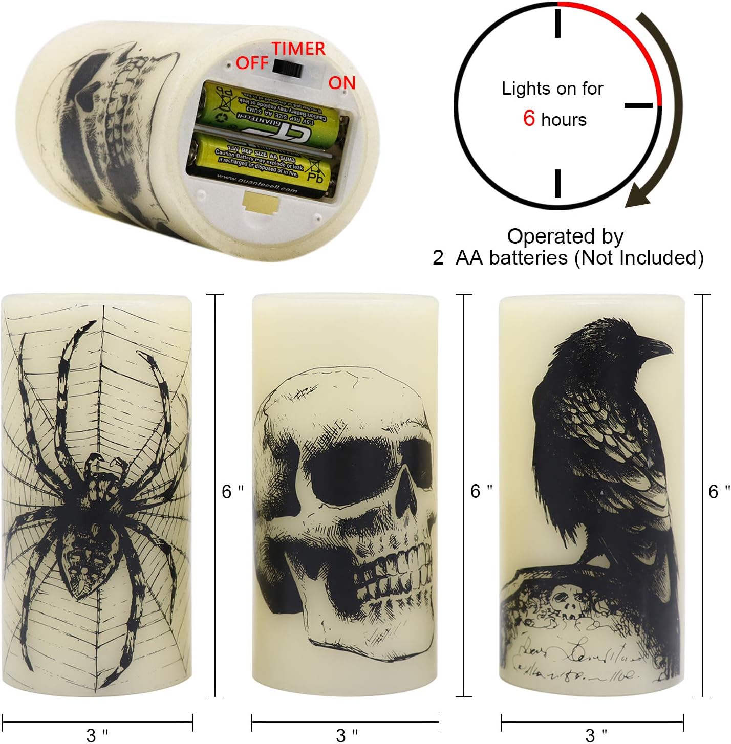 Eldnacele Halloween LED Flameless Flickering Candles Battery Operated with 6H Timer Skull Spider Web Crow Raven Spooky Decals Halloween Themed Indoor Decoration(3 Pack, D3 x H6)